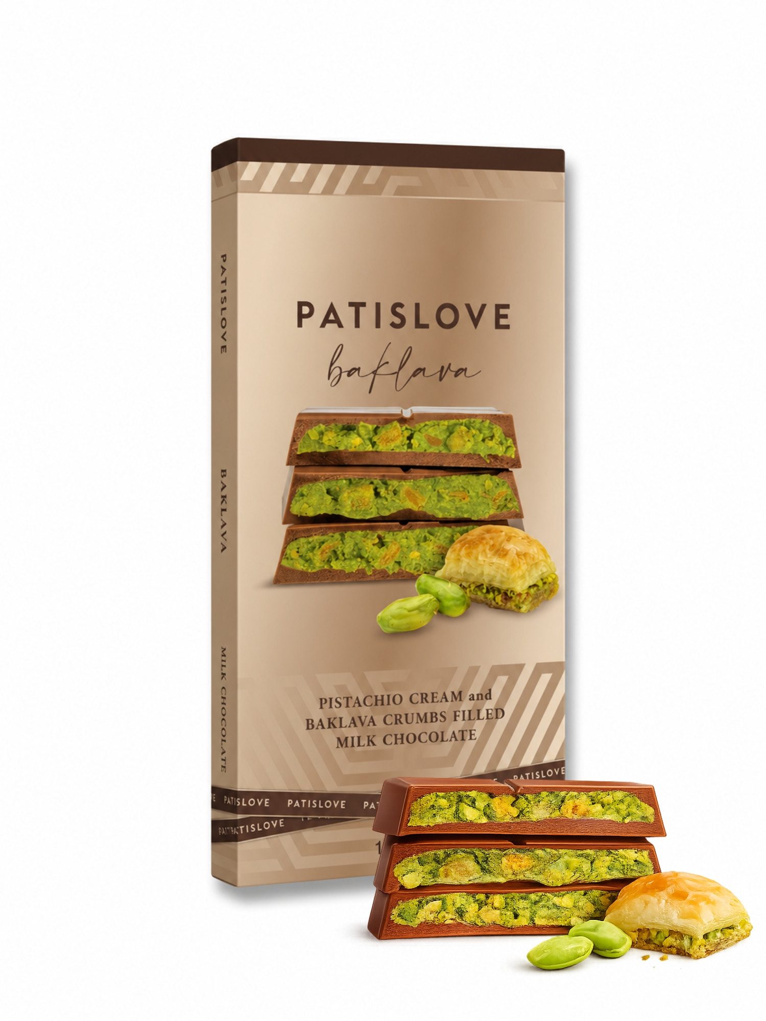 PATISLOVE Schokolade Milchschokolade mit Pistaziencreme & Baklava-Stückchen 100g, ohne Konservierungsstoffe, ohne Farbstoffe