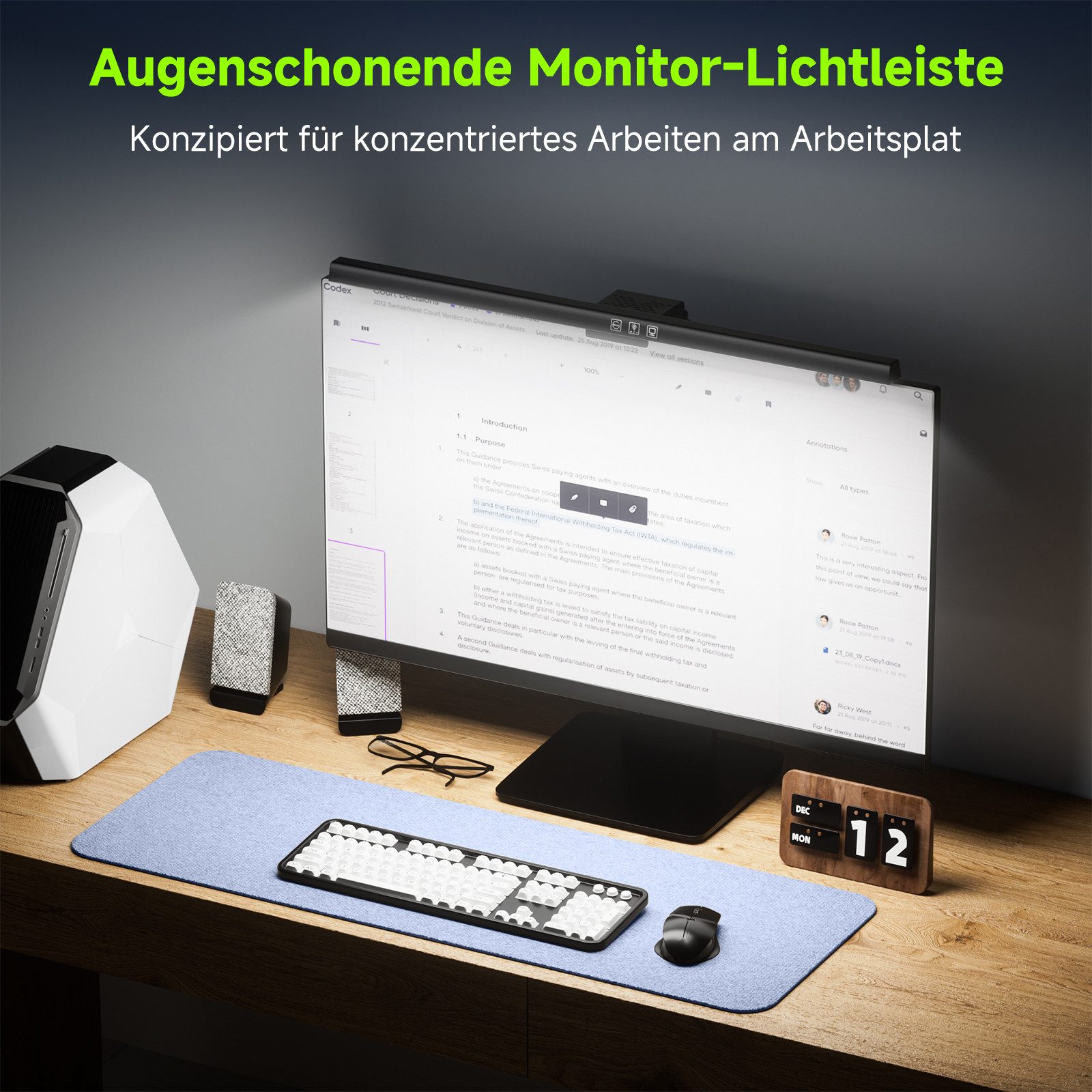 Quntis Schreibtischlampe LED Schreibtischlampe 50cm Monitor Lampen mit Touch-Bedienung, Timer, 3 Farbtemperaturen, stufenlos einstellbarer Helligkeit, LED wechselbar, Tageslichtweiß, Kaltweiß/Warmweiß, dimmbar, ideal für E-Reading, Home-Office und Büro