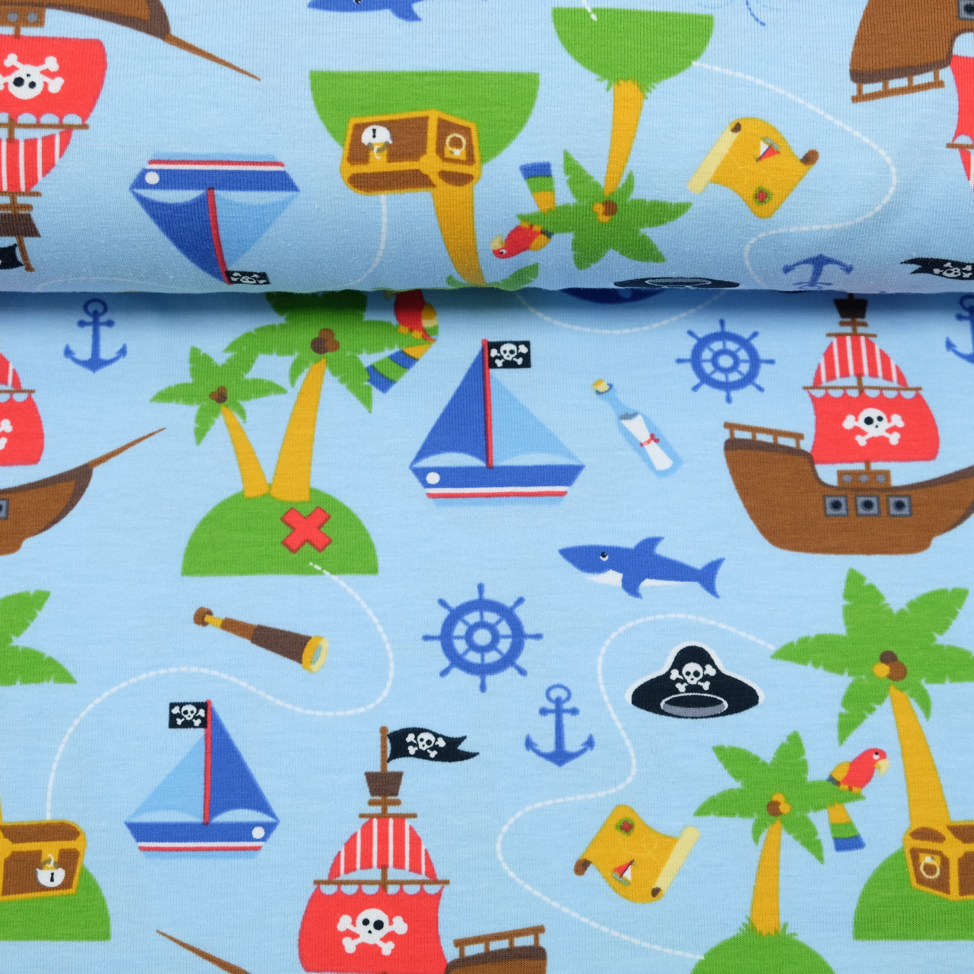larissastoffe Stoff »Jersey Stoff Piraten Schatzkarte maritim hellblau