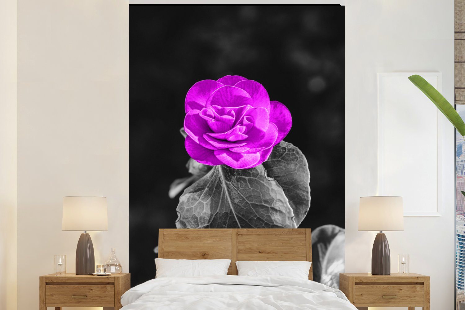 MuchoWow Fototapete Blumen - Rose - Lila - Schwarz - Weiß, Matt, bedruckt, (3 St), Montagefertig Vinyl Tapete für Wohnzimmer, Wandtapete | Fototapeten