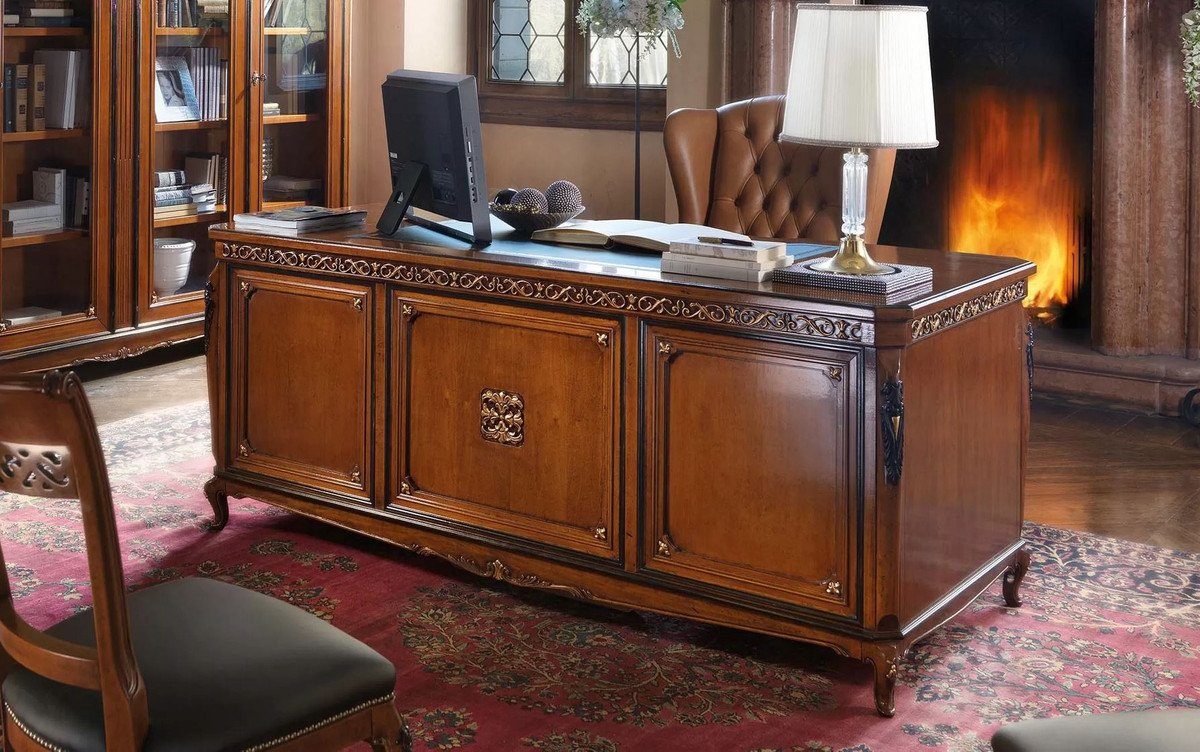 Möbel Made - Luxus Schreibtisch Büro Casa - Braun Massivholz Luxus Schreibtisch Padrino - Bürotisch in Edler Barock Qualität Italy Barock -