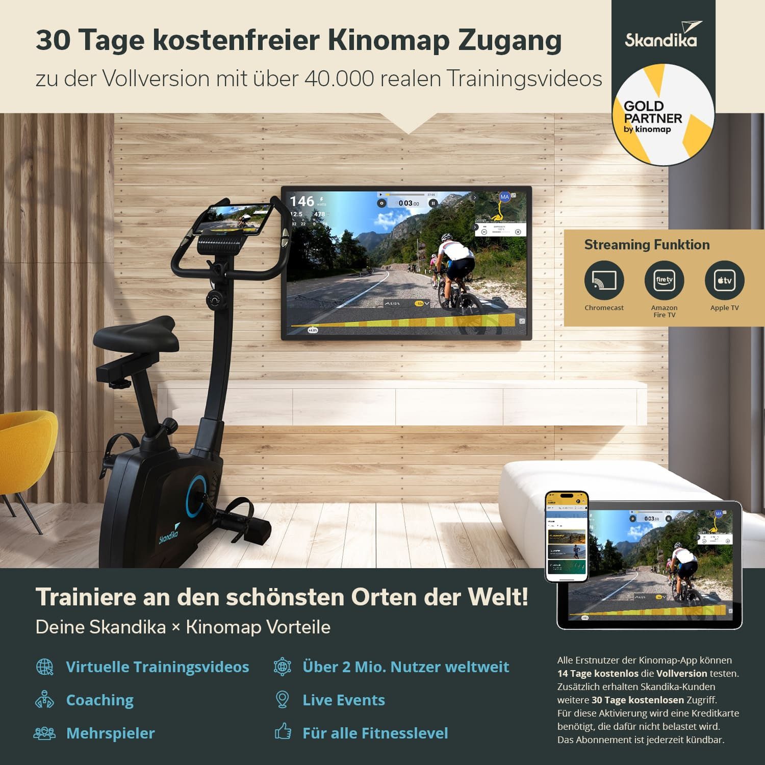 Skandika Heimtrainer Fahrrad Bragi, Hometrainer für Zuhause, 7 kg Schwungmasse, bis 120 kg (Handpulssensoren, Sattel horizontal und in der Höhe verstellbar), Magnetbremssystem, Kinomap, Transportrollen, Tablethalterung