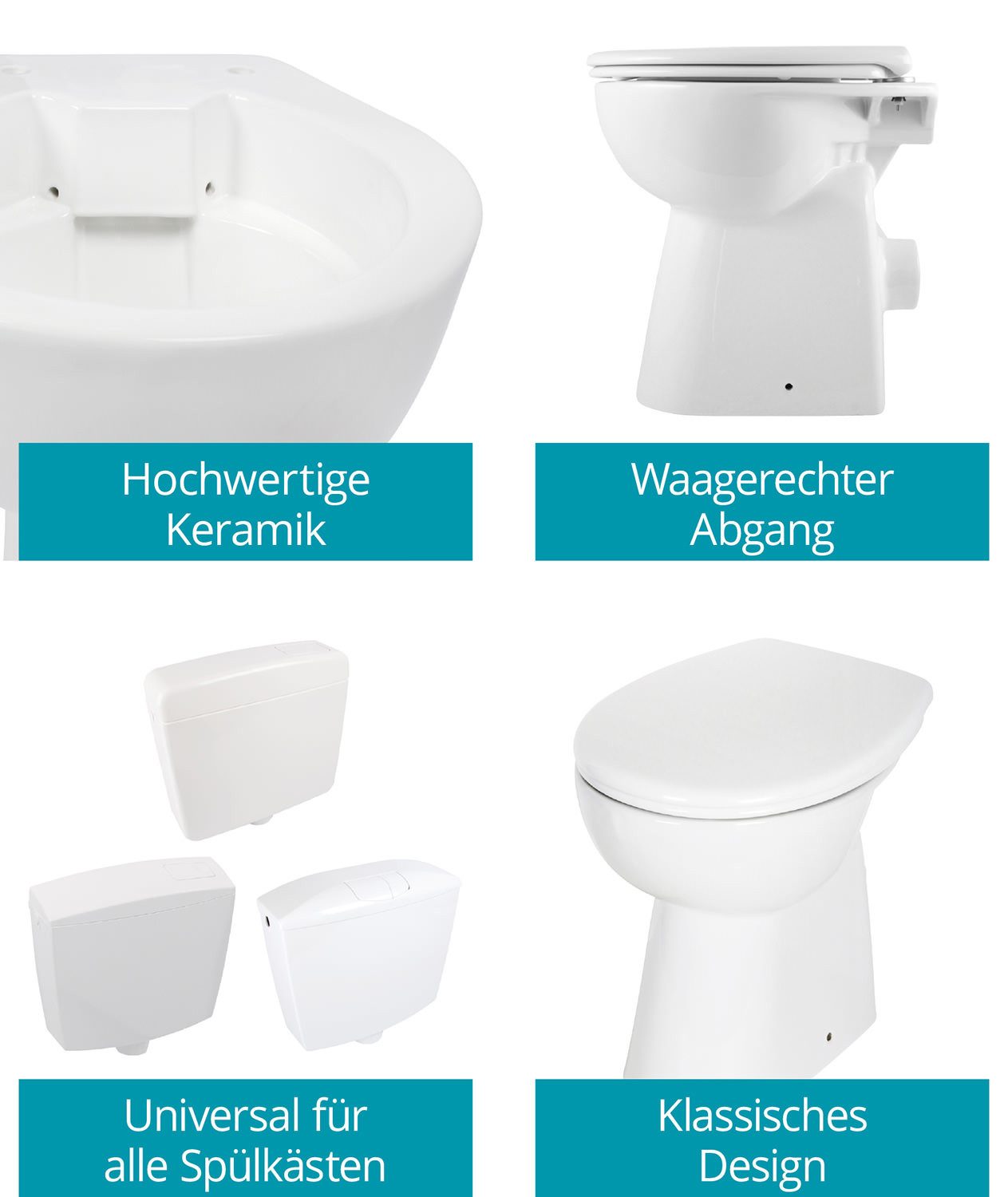 Calmwaters Tiefspül-WC Stand-WC spülrandlos mit Erhöhung, bodenstehend, Standmontage, Abgang Waagerecht, Set mit WC-Sitz, Weiß, +7 cm erhöht, Absenkautomatik, Abnehmbar, 07AB3134