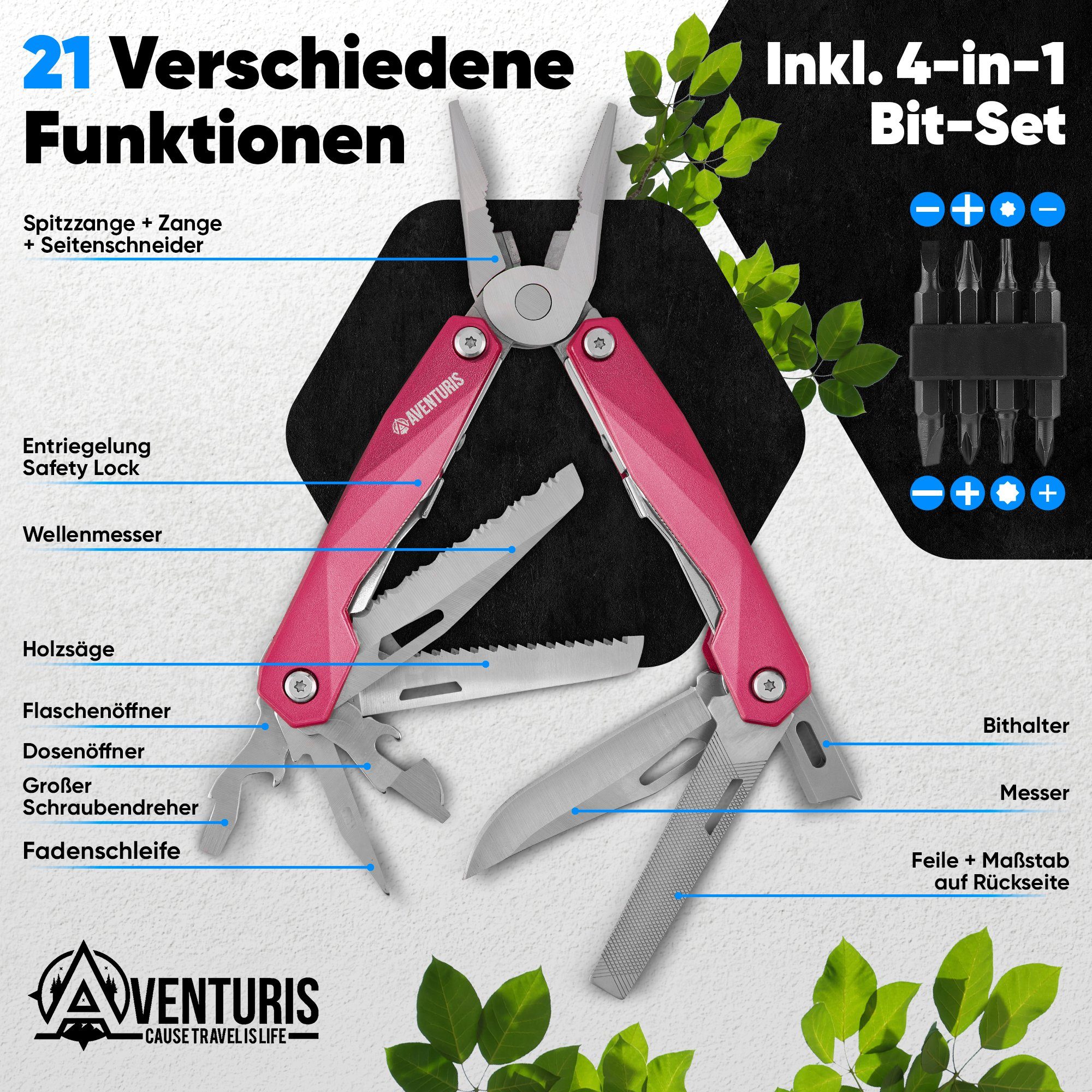 AVENTURIS Multitool T21 aus Edelstahl mit 21 Funktionen! Perfekt fürs Wandern und Campen, Edelstahl – Bild 4 von 5