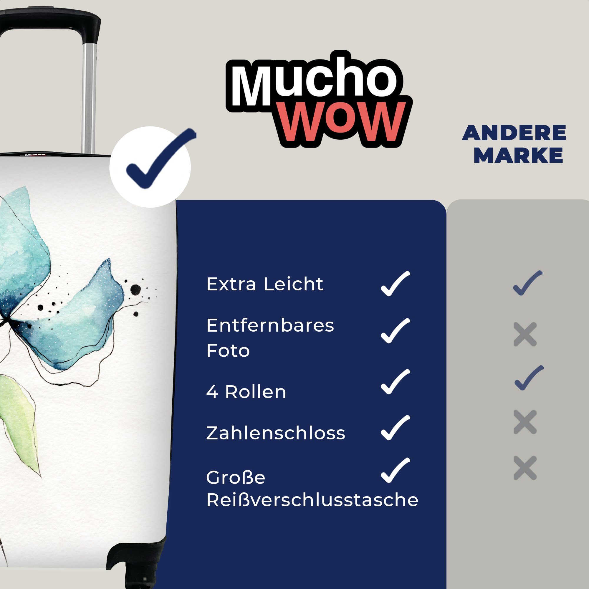 MuchoWow Handgepäckkoffer Blumen - 4 für Reisetasche Aquarell Reisekoffer rollen, Rollen, - Ferien, mit Handgepäck Trolley, Blau