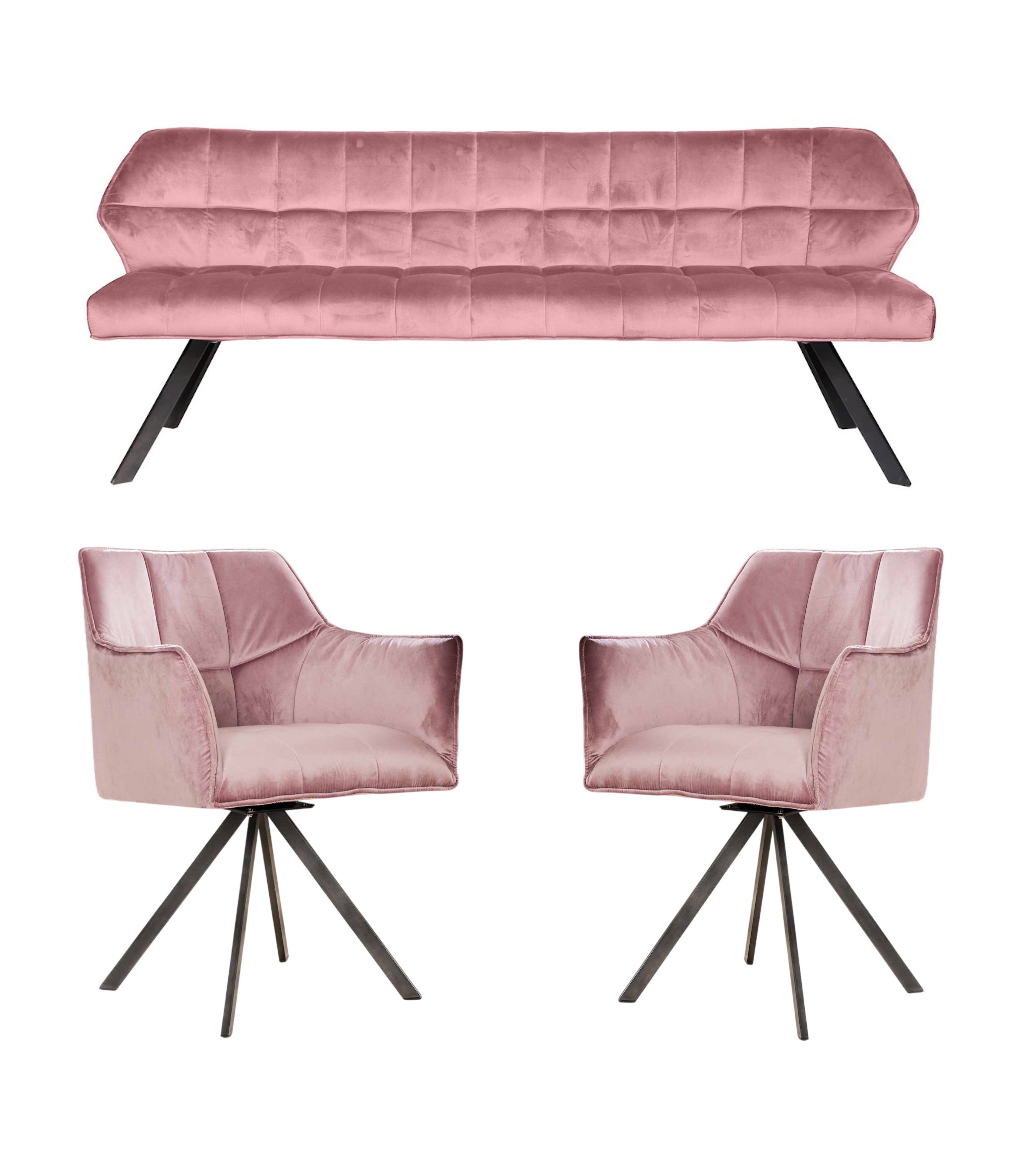 Vintagehaus Polsterbank Set Esstischbank Raster + 2 Armlehnstühle Samt oder Strukturstoff (3 teiliges Set), Frei im Raum aufstellbar