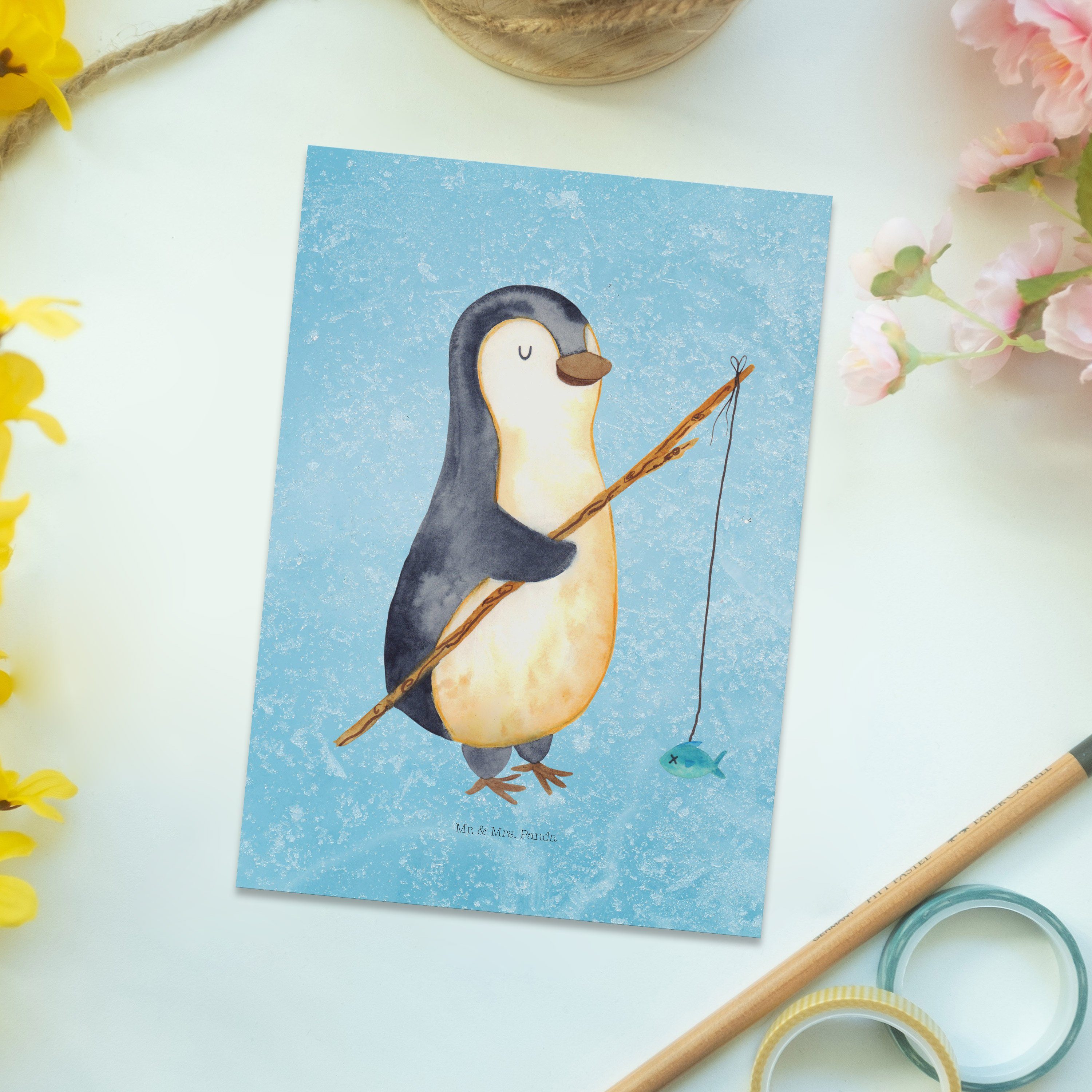 Mr. & Mrs. Panda Tagesplan, Angler Geschenk, Ansichtskarte - Postkarte Pinguin Eisblau - Angel