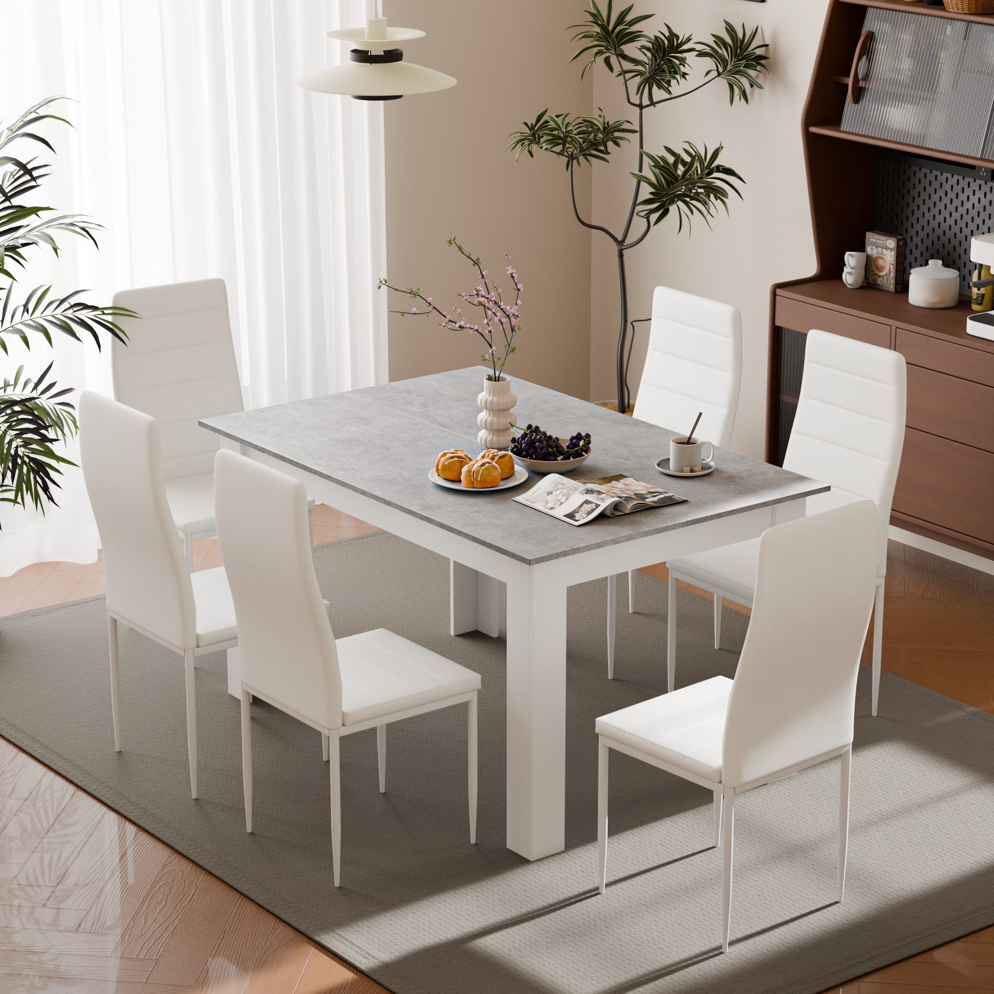 Mondeer Essgruppe Esszimmergruppe (Set, 7-tlg), 1 Tische mit 6 weiß Stühlen