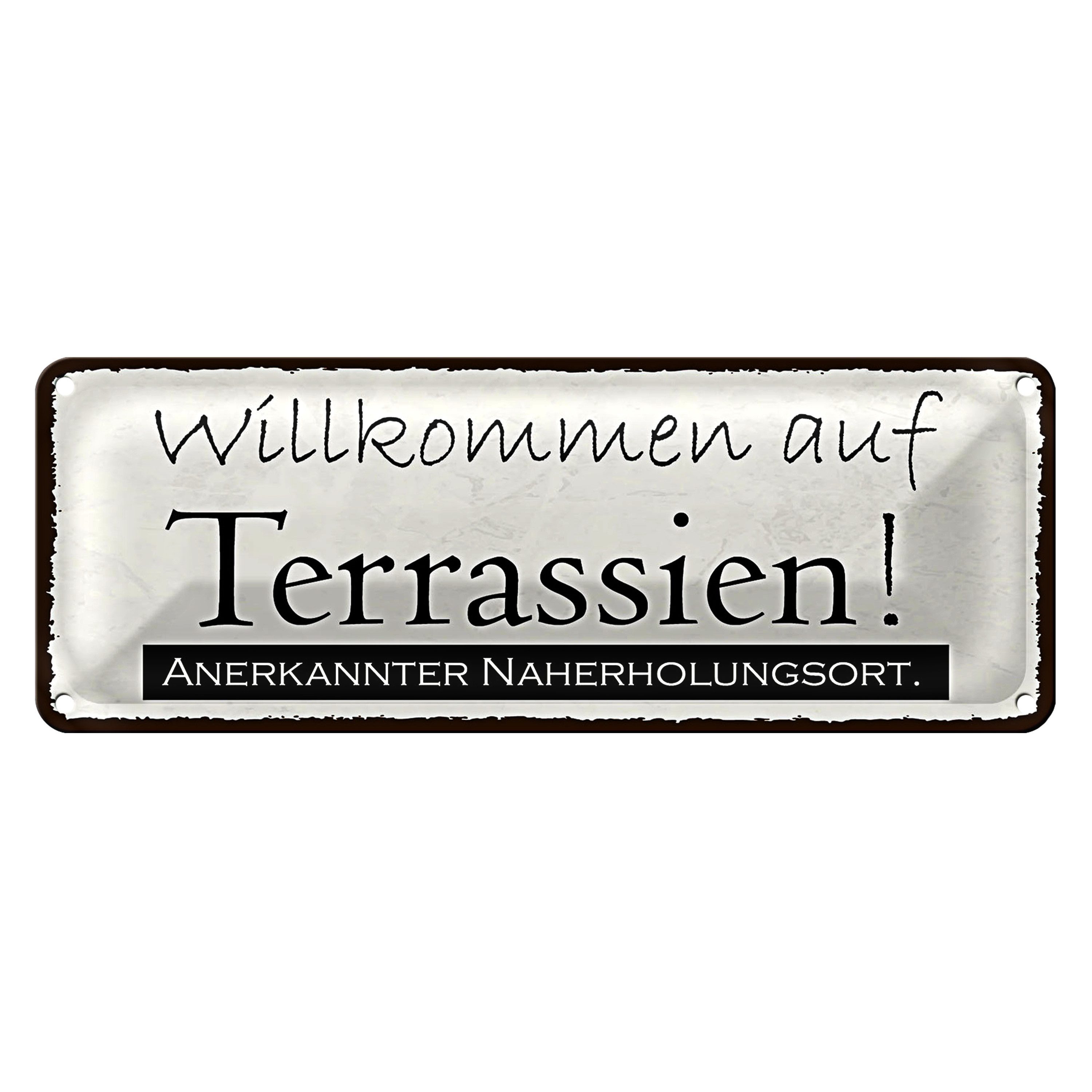 Roomando Metallschild Blechschild Spruch 27x10cm Willkommen auf Terrassien Urlaub Dekoration