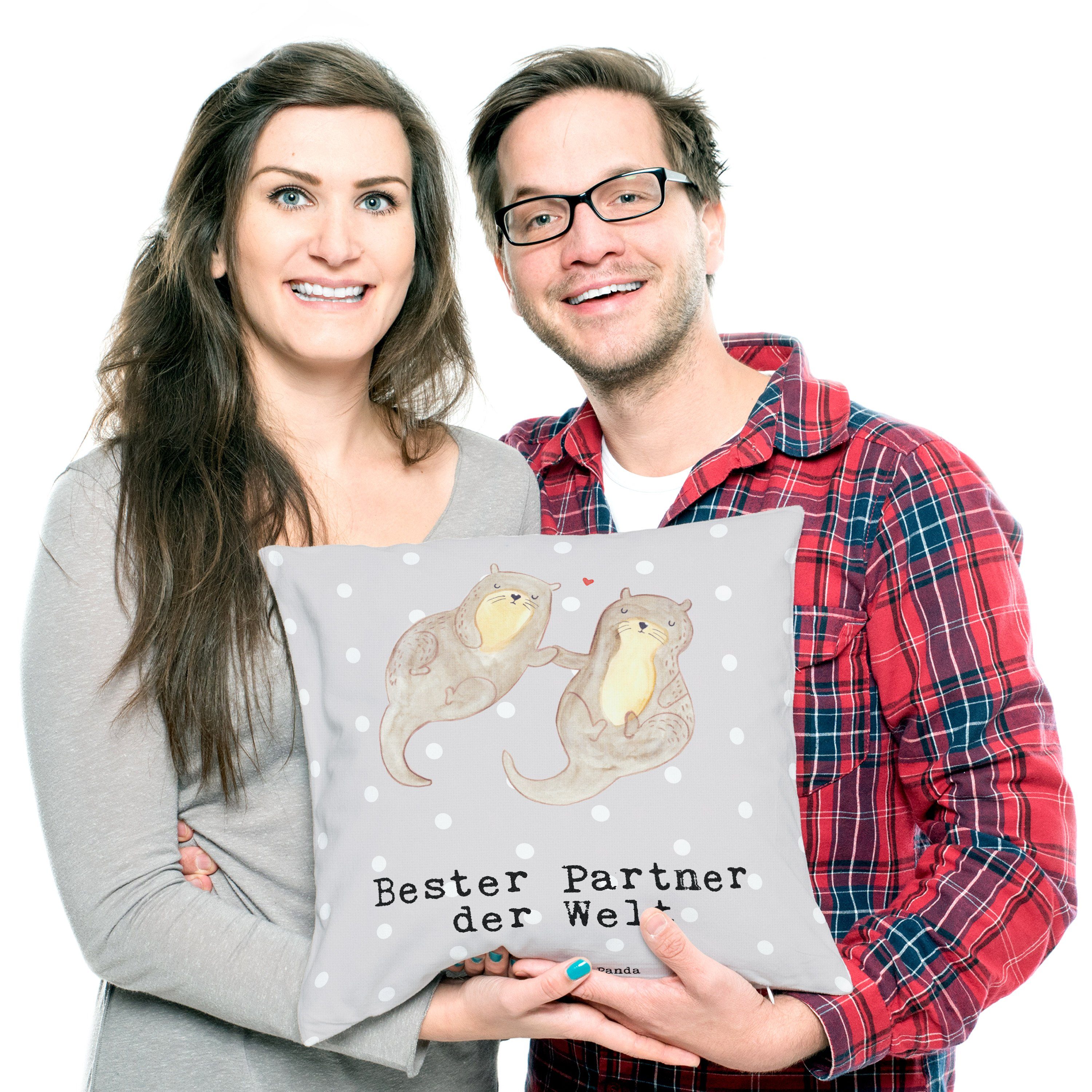 Bester Mrs. & Panda Geschenk, Mr. Freund, - Dekokissen Otter Partner Deko der Grau Welt Pastell -