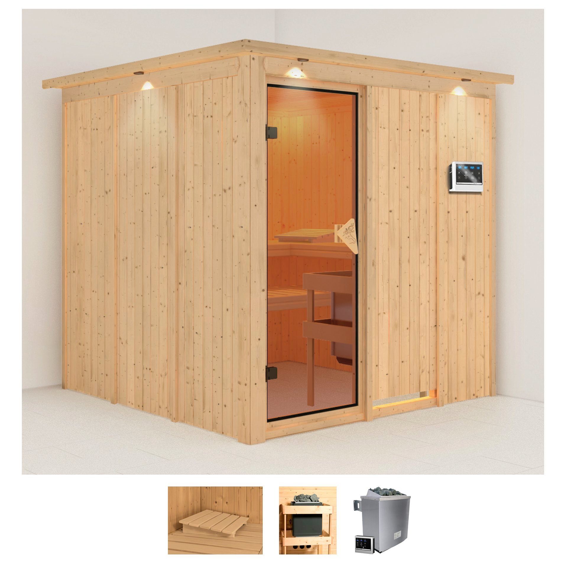 Karibu Sauna Rodin, BxTxH: 210 x 210 x 202 cm, 68 mm, (Set) Ofen 9 kW Bio externe Strg easy