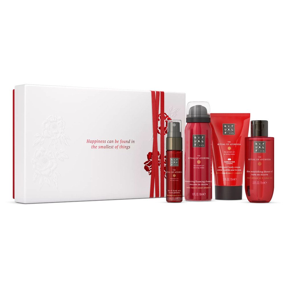 Rituals Pflege-Geschenkset Rituals Ayurveda Geschenkset S – 4-teilig mit Dusch & Pflege, 4-tlg., 4-teiliges Ayurveda Set mit Rose & Mandelöl – für Harmonie