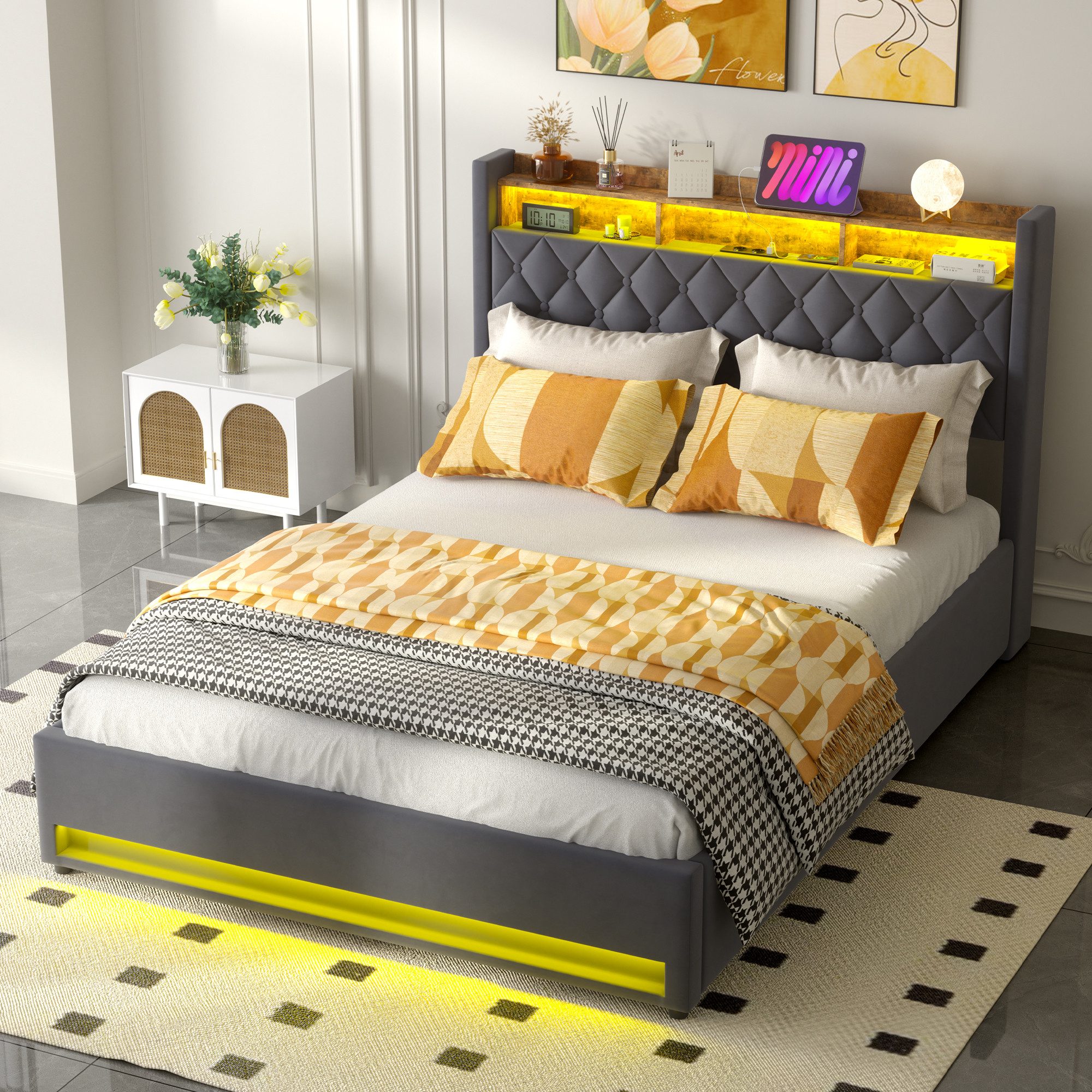 OKWISH Polsterbett Bett (Doppelbett Jugendbett mit USB/Typ-C Ladeanschluss, 160x200cm mit RGB-LED-Beleuchtung, hydraulischem Stauraum), Hollandvelours, mit Knopfheftung, ohne Matratze