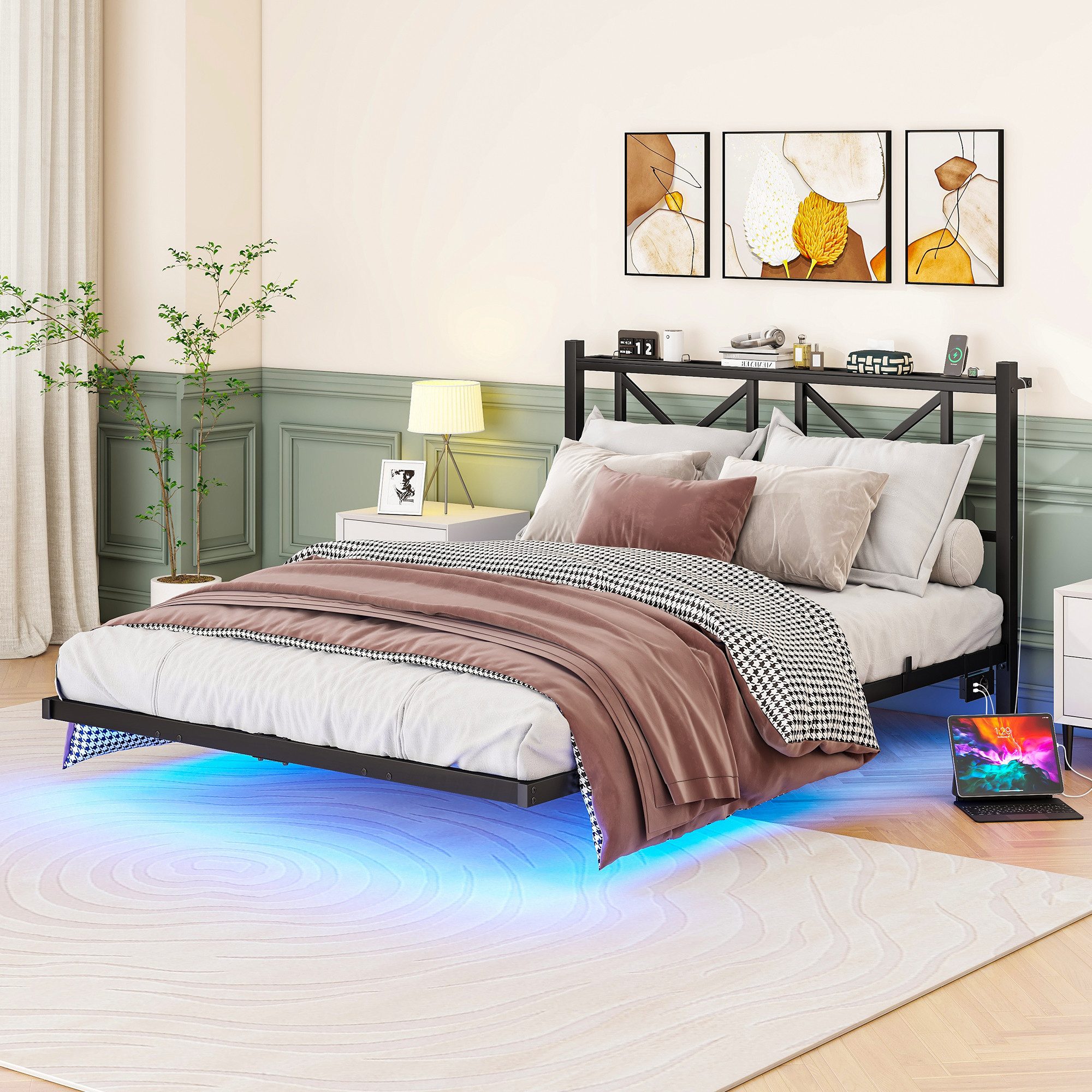 Odikalo Metallbett 120/140x200 cm Bettgestell LED Ladestation Kopfteil Schwebebettrahmen
