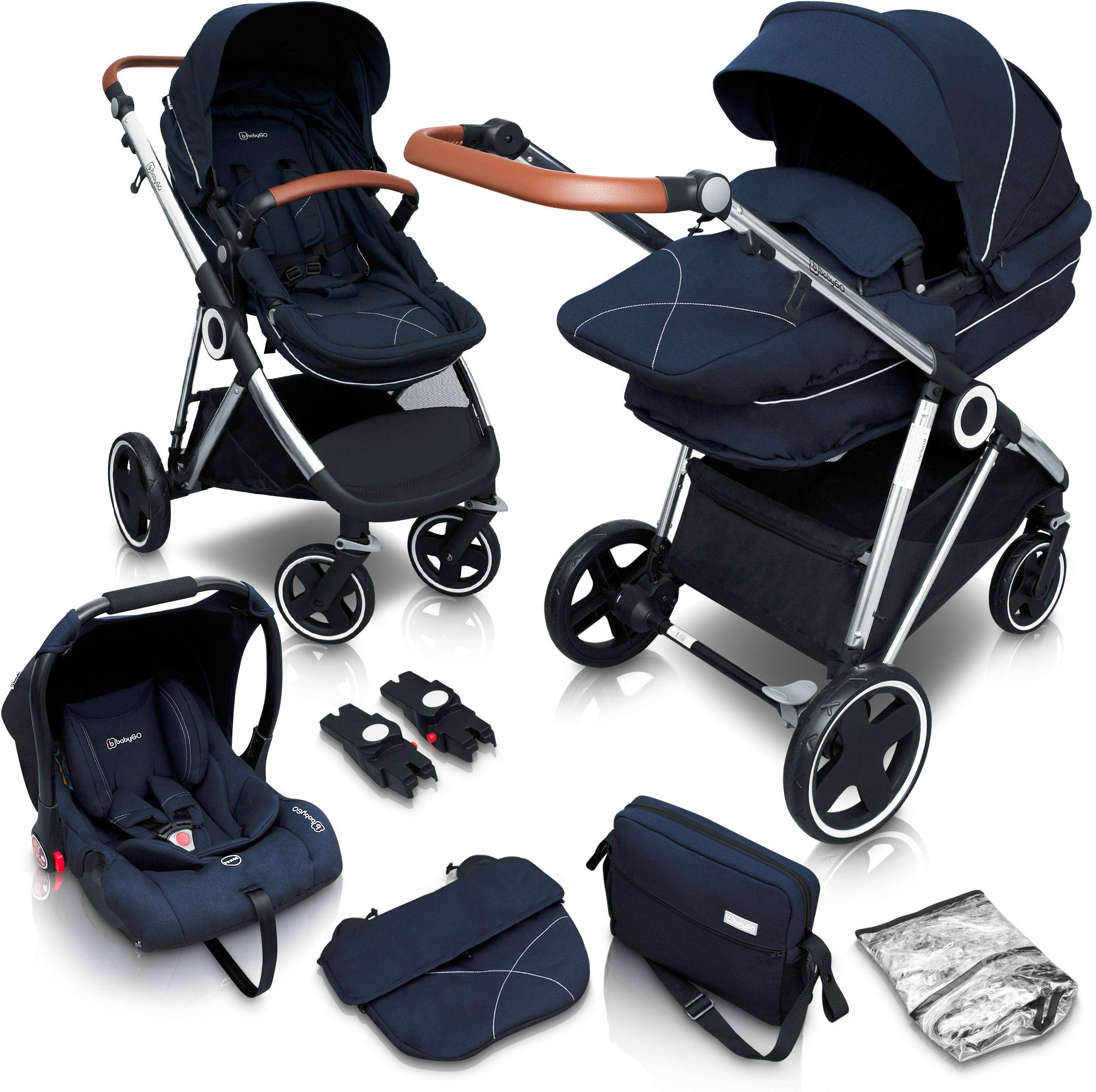 BabyGo Kombi-Kinderwagen Halime 3in1, Blue Silver, inklusive Babywanne, Babyschale, Regenhaube & Wickeltasche