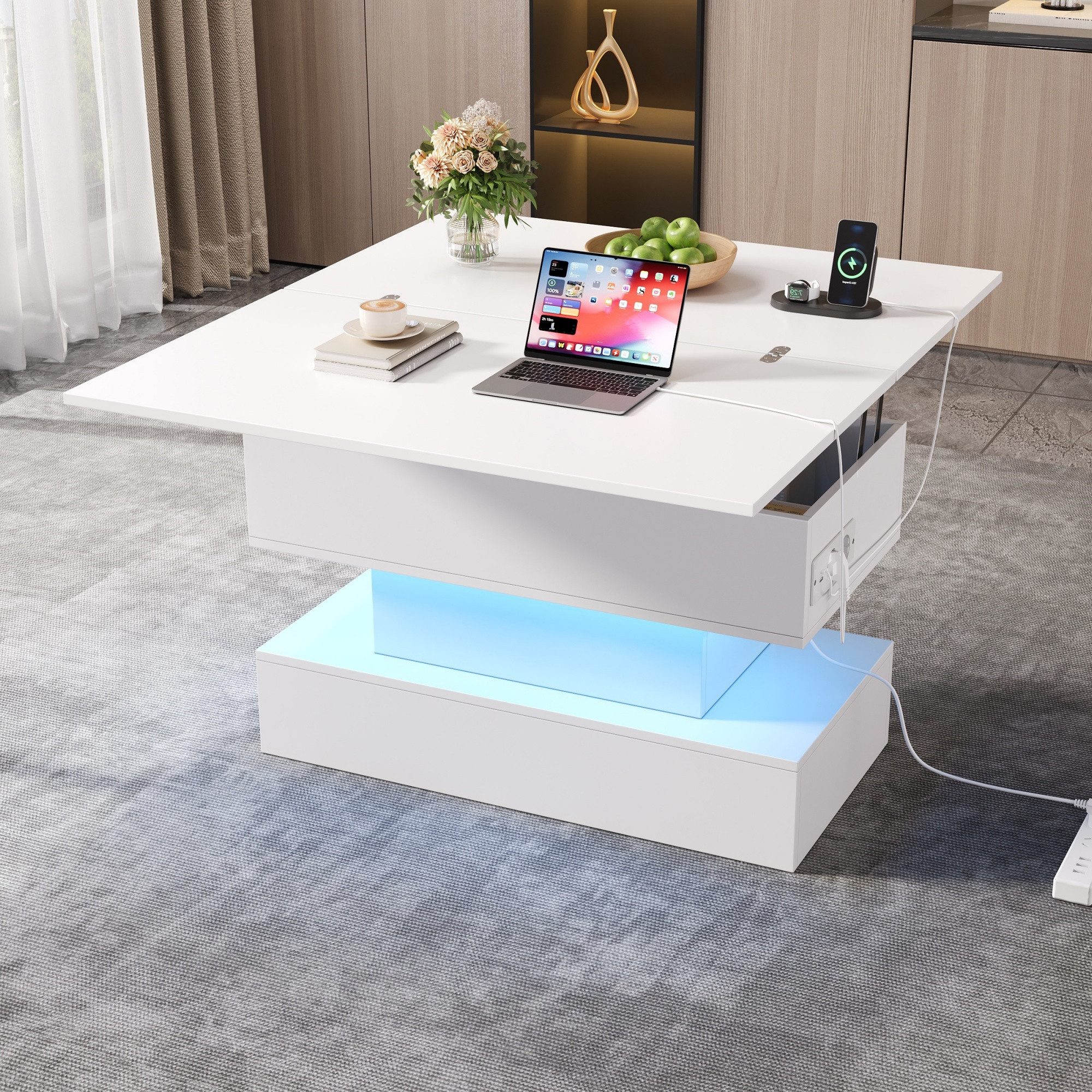 MODFU Couchtisch Sofatisch (höhenverstellbar Satztisch, Beistelltisch, 1-St., 100*50*51.5cm), mit LED, Steckdose, USB-C und USB-Ladebuchse