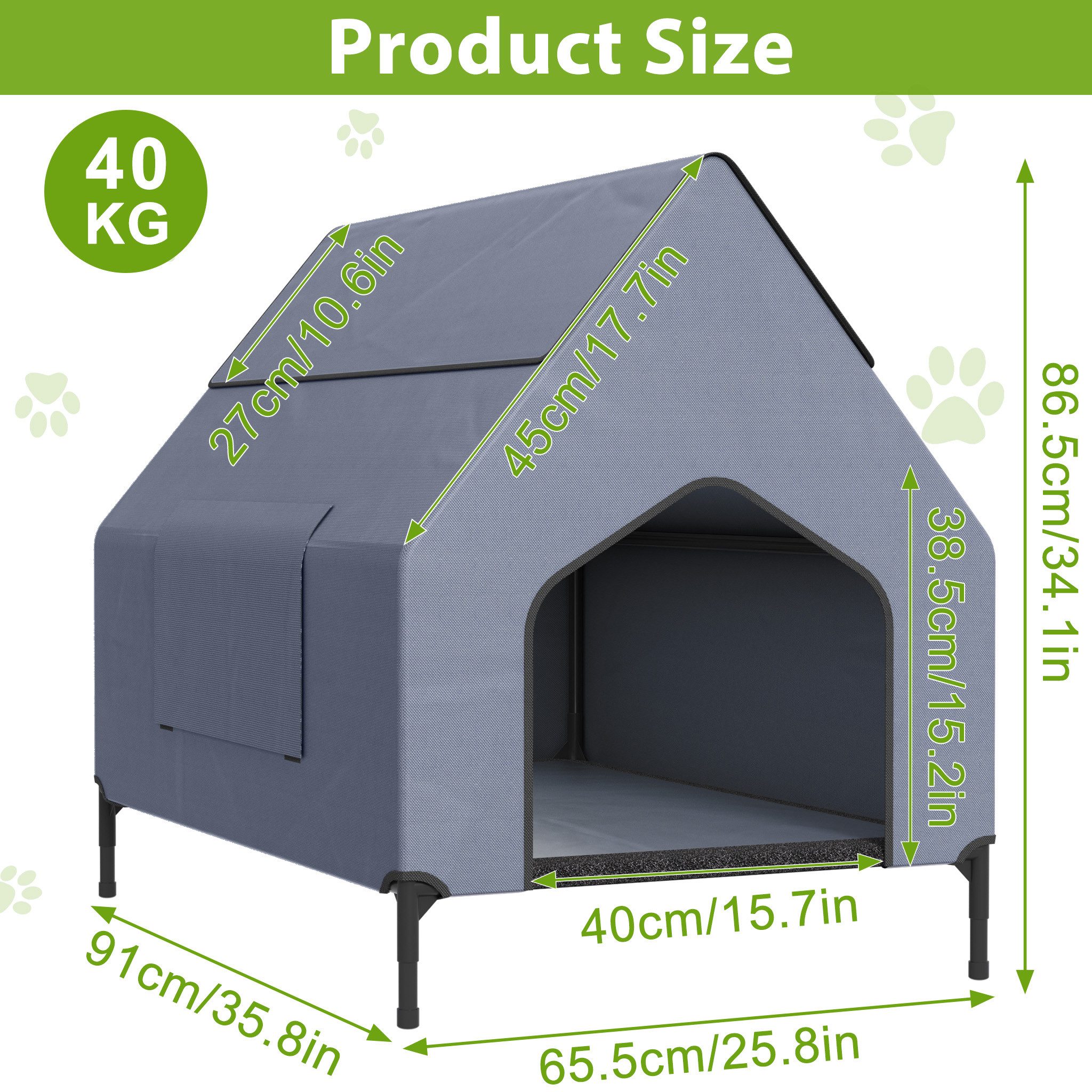 FIVMEN Hundebett mit Baldachin Hundeliege Hundehütte im Hausform, Oxford-Material Stahlrahmen Hundekäfig S/M/L