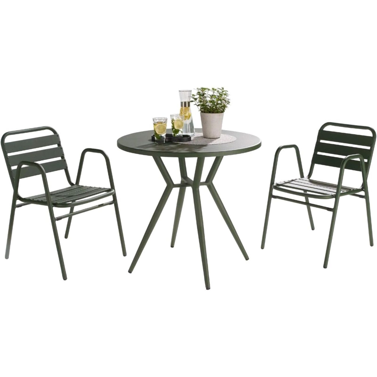 Liadomo Garten-Essgruppe Lesina, (Gartenmöbel-Set, 3-tlg., runder Bistrotisch Ø 80 cm mit 2 Stapelstühlen), Aluminium dunkelgrün