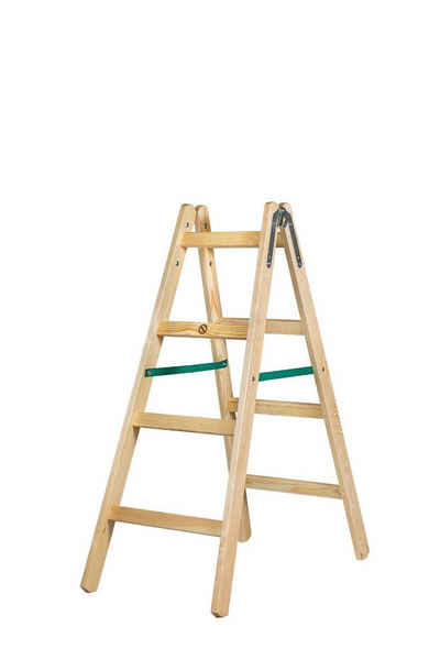 Systafex® Doppelleiter Leiter Doppelstufenleiter Stehleiter Holzleiter 2x 4 Stufen Höhe 1,25m (1-St), Haken und Sicherungsband