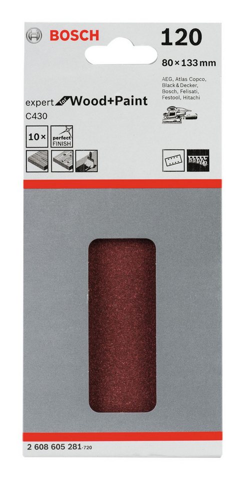Thumbnail - BOSCH Schleifpapier, (10 Stück), C430 Schleifblatt Klett 8 Löcher K120 - 80 x 133 mm - 10er-Pack