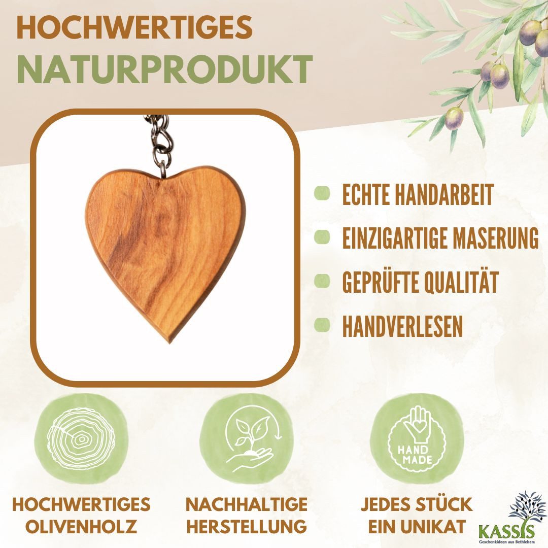 Kassis Geschenkartikel Schlüsselanhänger Herz aus Olivenholz Schlüsselring Glücksbringer Talisman Geschenk, handgefertigt in Bethlehem, Geschenk zu mehreren Anlässen