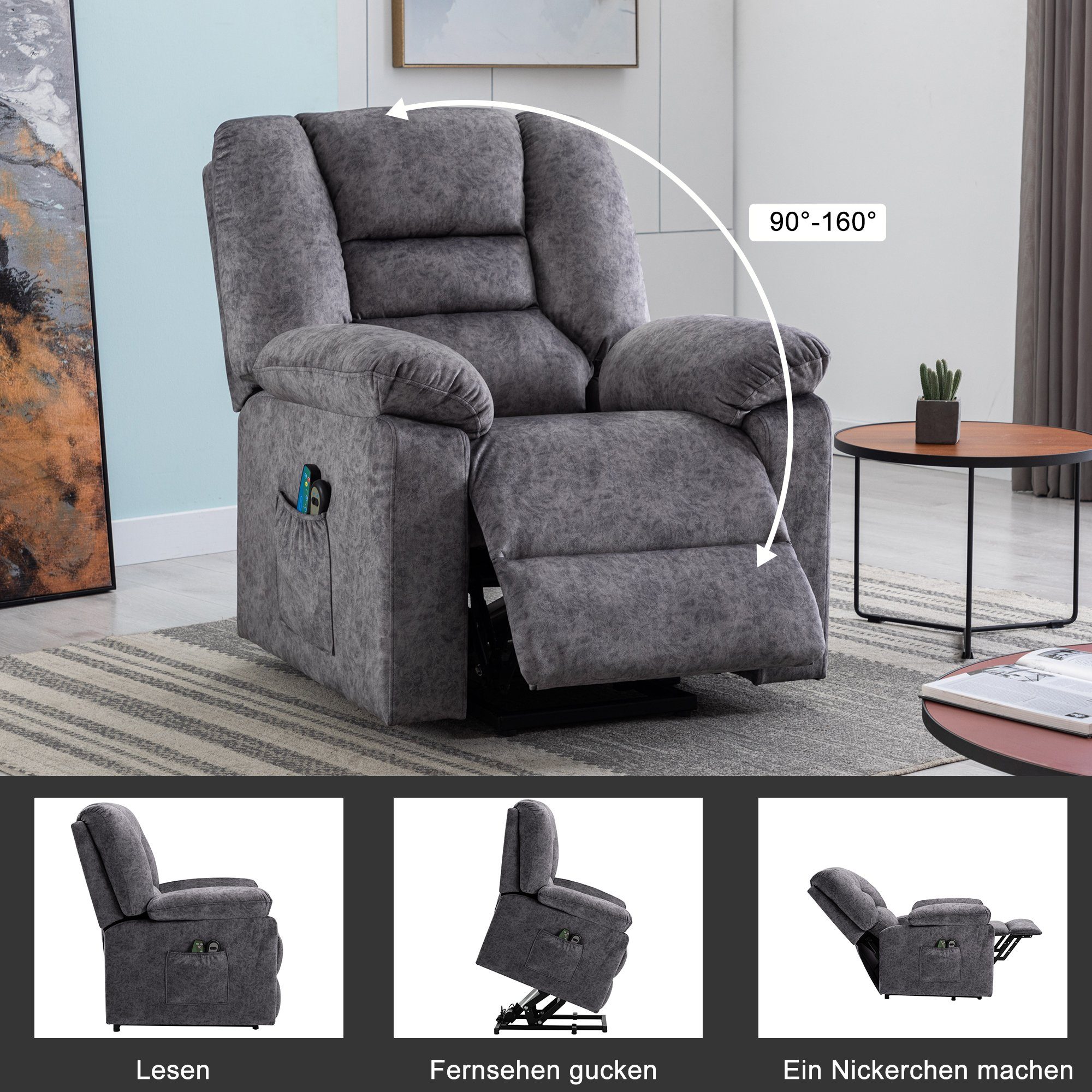 TV-Sessel (Fernsehsessel mit Aufstehhilfe, Schlafsessel, Relaxsessel, Massagesessel, Liegefunktion, Wärmefunktion und Vibrationsmassage), bis zu 150 kg belastbar, Stoff, Braun / Grau