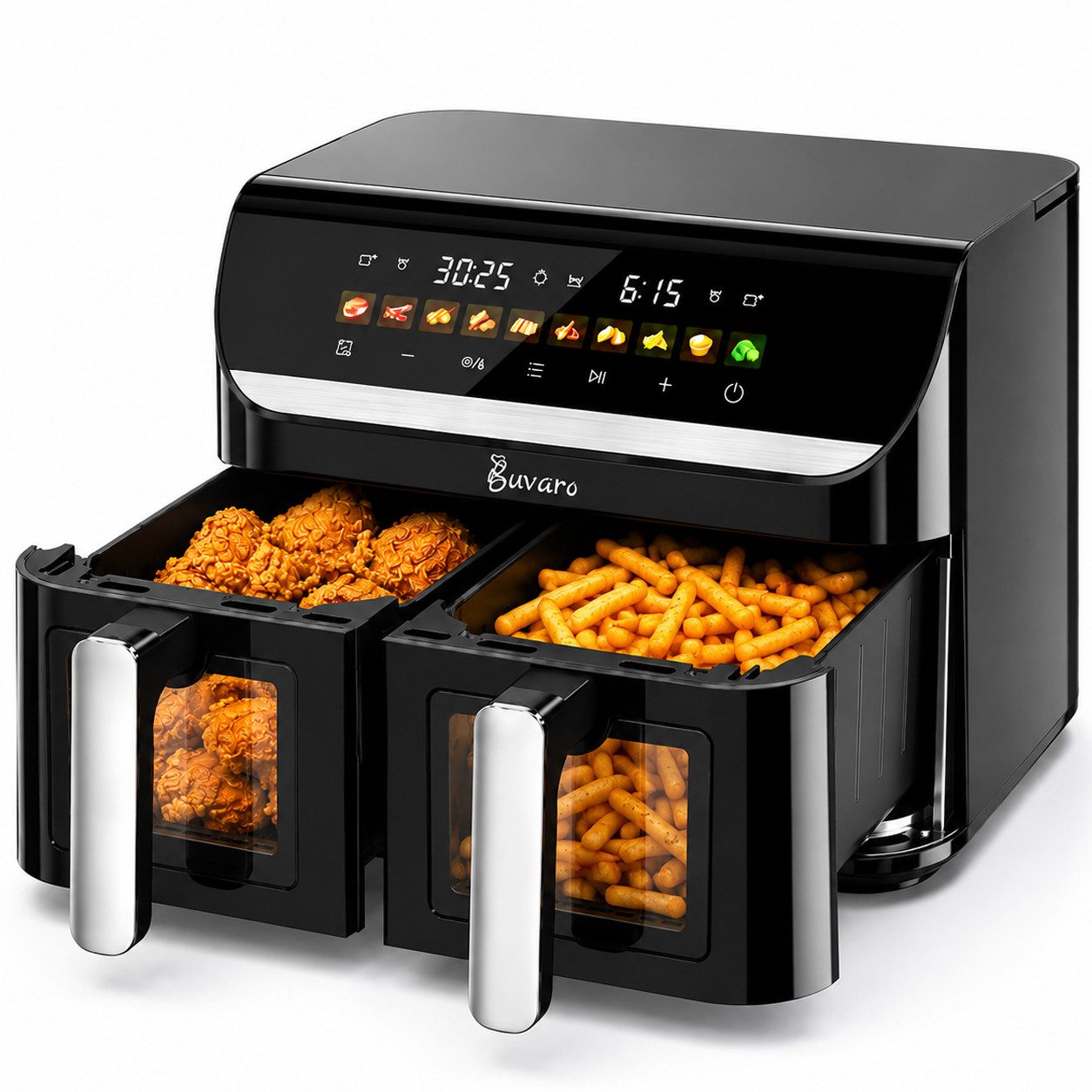 BUVARO Heißluftfritteuse 2 Kammern, 11L, mit 10 voreingestellte Programme, Umluft Backofen, Sichtfenster, 2950 W, 11L, Transparente Sichtfenster, Sync Finish, Digitales Touch Display
