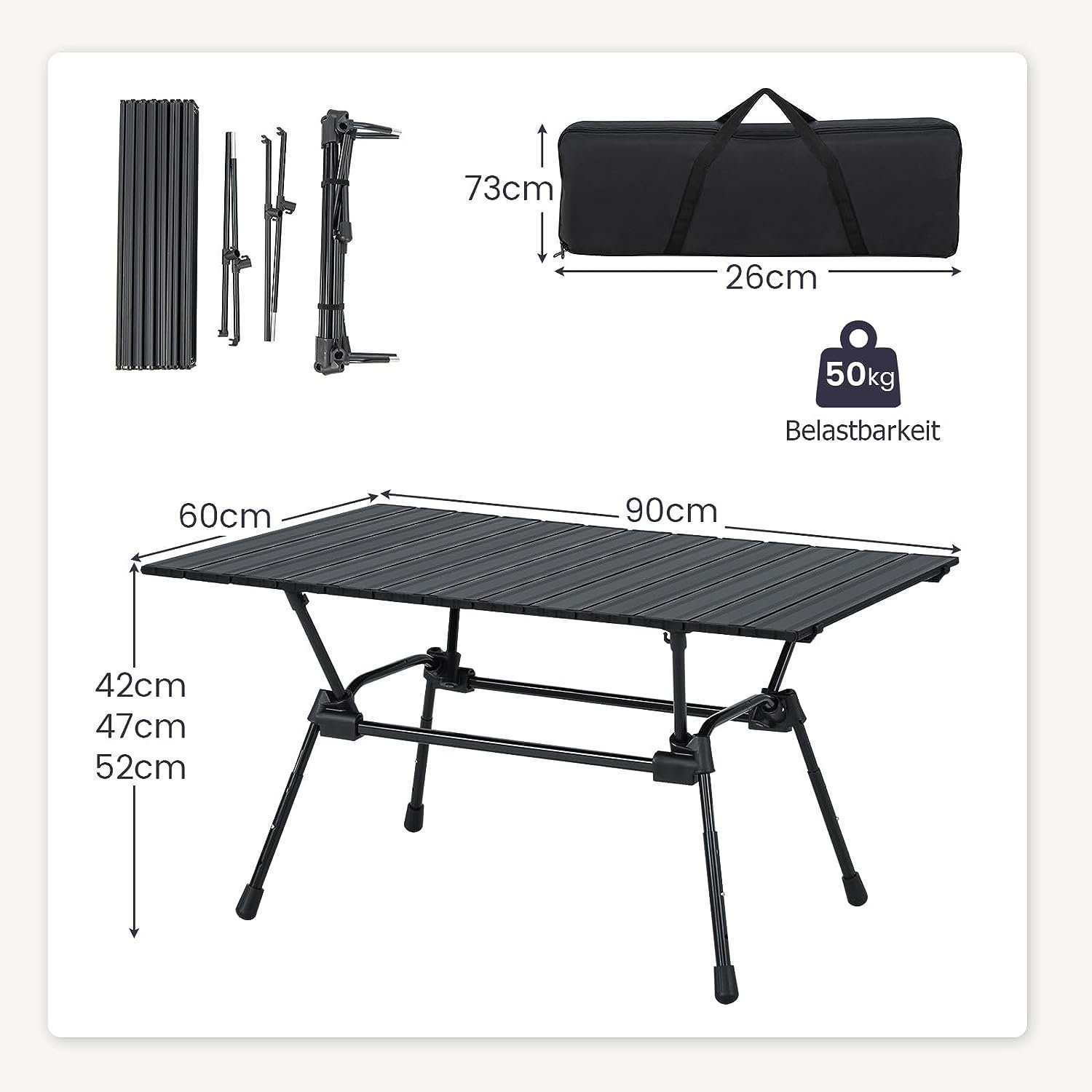 KOMFOTTEU Campingtisch Aluminium, schwarz & aus klappbar 4-stufig höhenverstellbar Picknicktisch