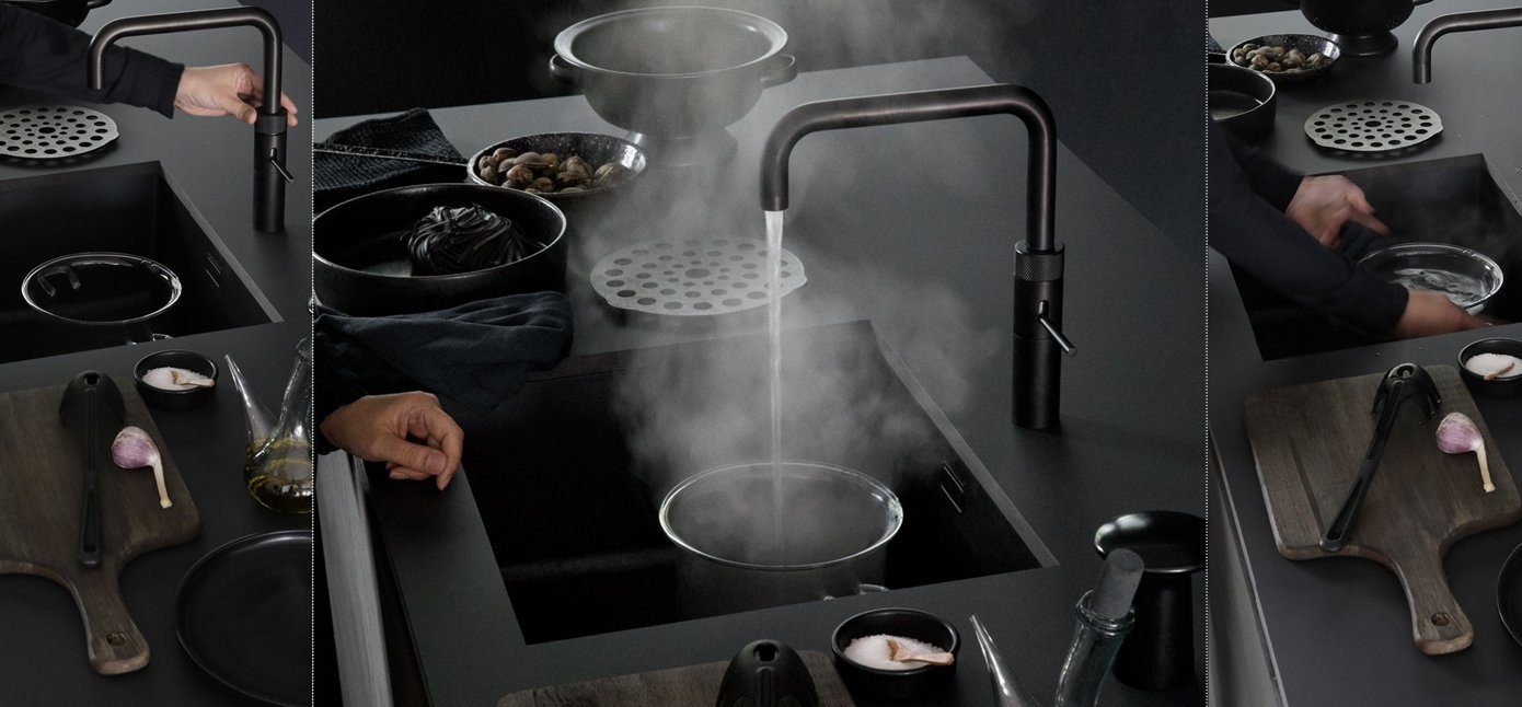 QUOOKER Küchenarmatur QUOOKER FUSION ROUND Kochendwasserhahn 2 Combi 100°C B (2-St) mit mit Trinkwassersystem Schwarz (22FRBLKCUBE) CUBE