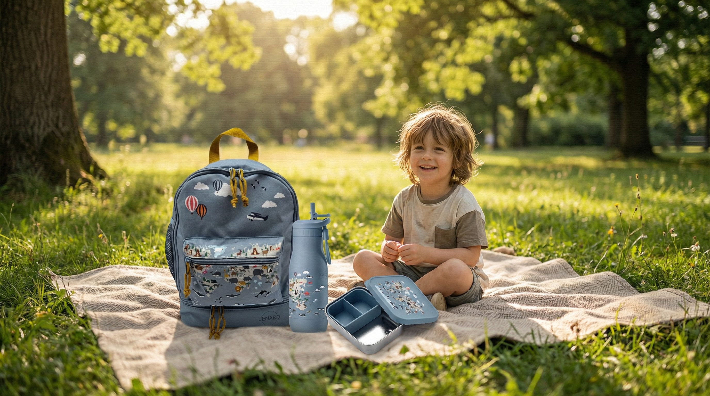 JENARD Lunchbox Set Brotdose & Trinkflasche Edelstahl – Weltkarte mit Tiere Blau, Edelstahl, PP, (2-tlg., 2-teilig, Brotdose und Trinkflasche), BPA-frei, kindge – Bild 4 von 5