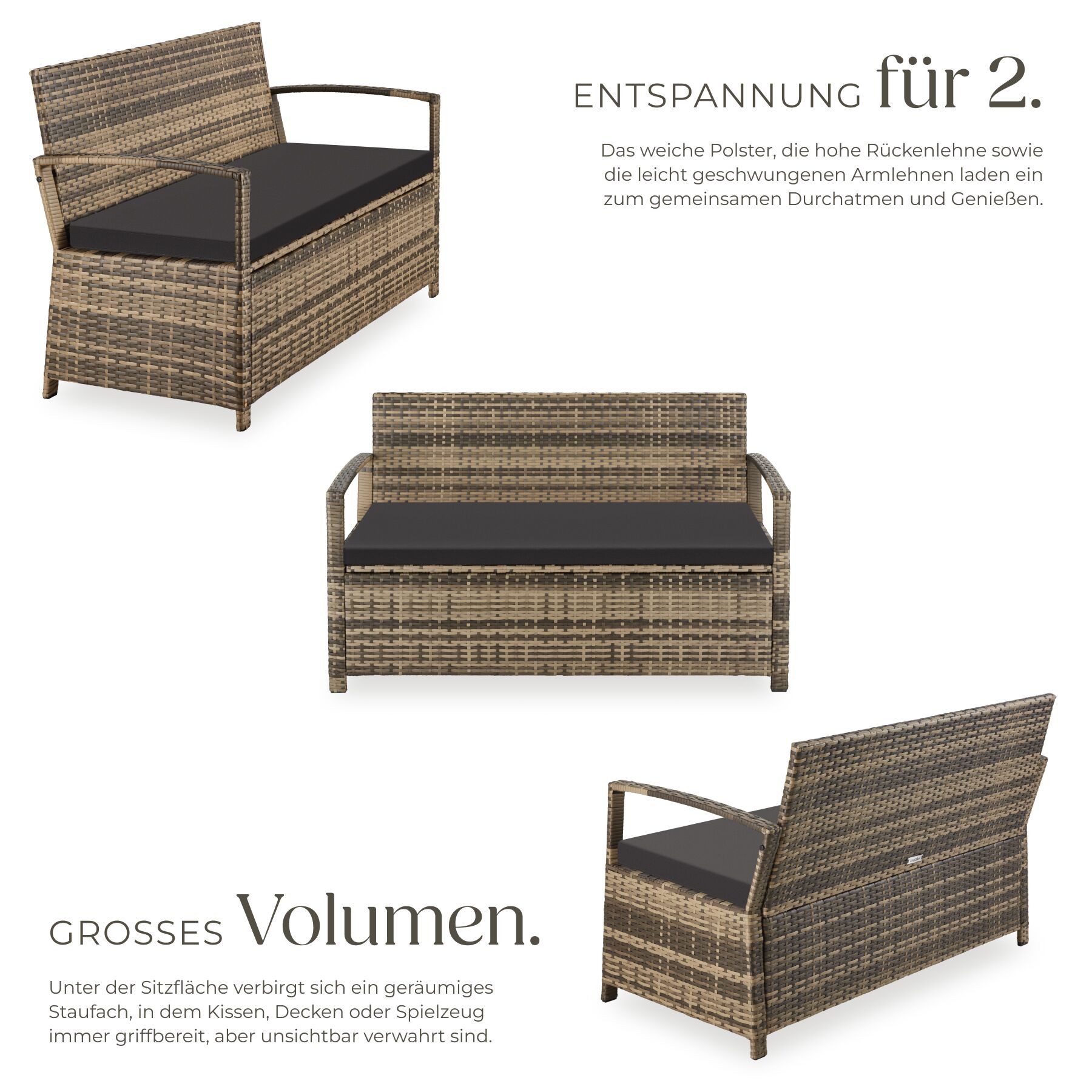 tectake Gartenbank Polyrattanbank wetterfest 2-Sitzer mit Stauraum und Schutzhülle (Gartenlounge Bank Vecchia, in Natur), Belastbarkeit 250 kg, Inkl. Sitzpolste – Bild 3 von 5