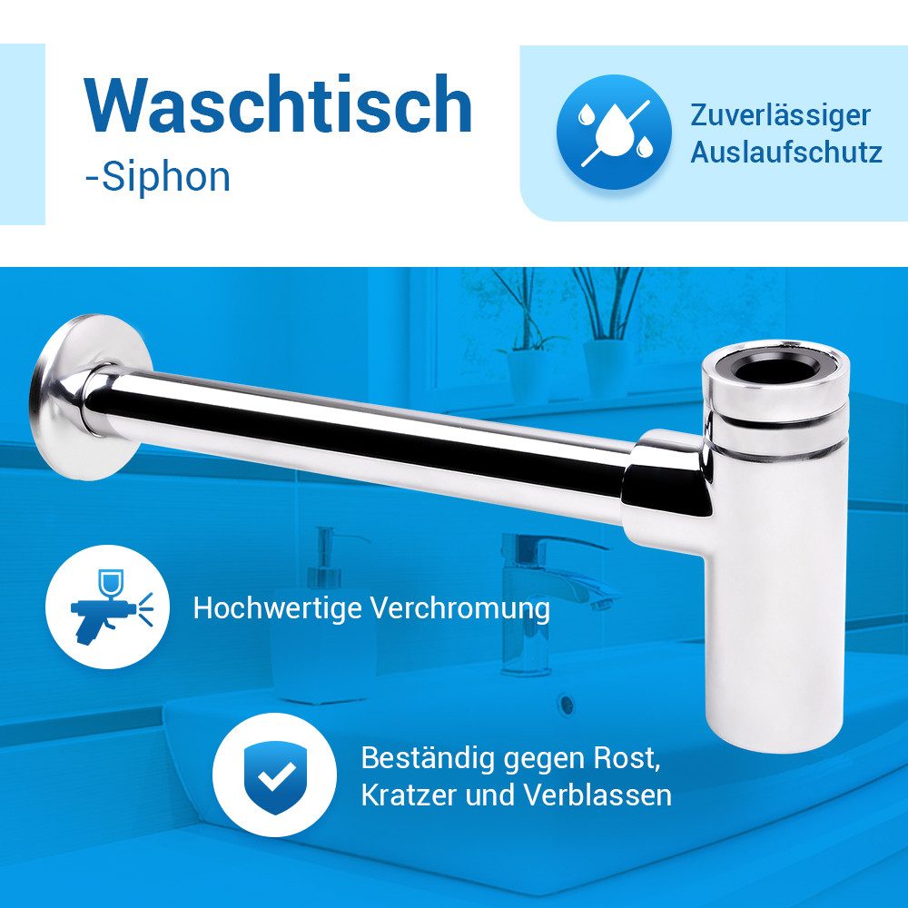 AQUADE Siphon Design-Siphon verchromt Geruchsverschluss, inkl. Schubrosette, Abflussrohr für Waschbecken
