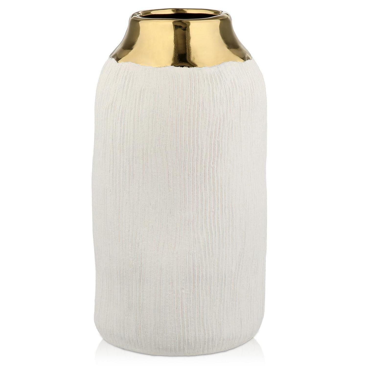 LuxusKollektion Tischvase Keramik Vase Beige Matt Weiß Gold Rand 26cm