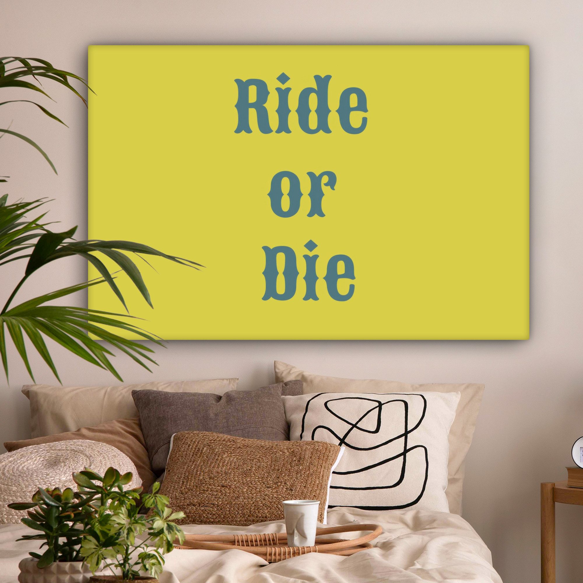 OneMillionCanvasses® Leinwandbild Reiten oder sterben - Gelb - Blau, Fotodruck (1 St), Leinwandbilder XXL Wohnzimmer, Deko Aesthetic 150x100 cm