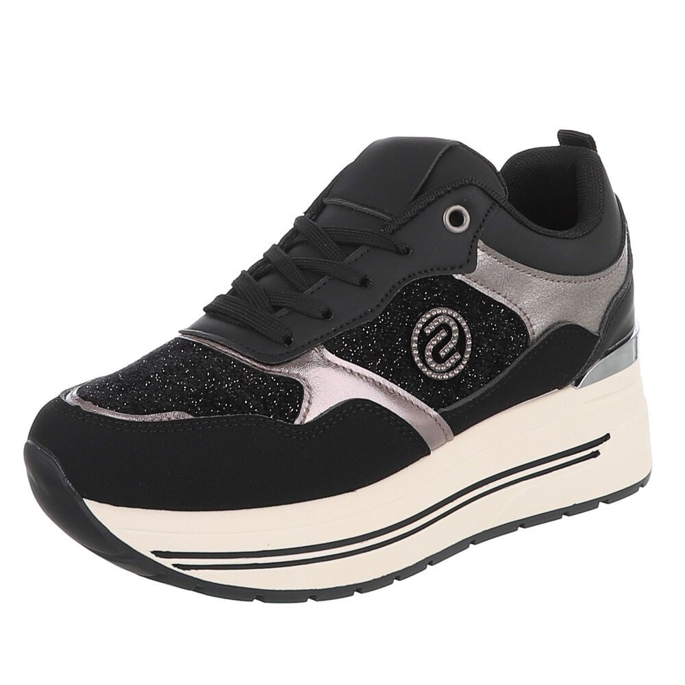 Ital-Design Damen Plateau-Sneaker mit Schnürung und Materialmix Sneaker (92002671) Keilabsatz/Wedge Sneakers Low in Schwarz