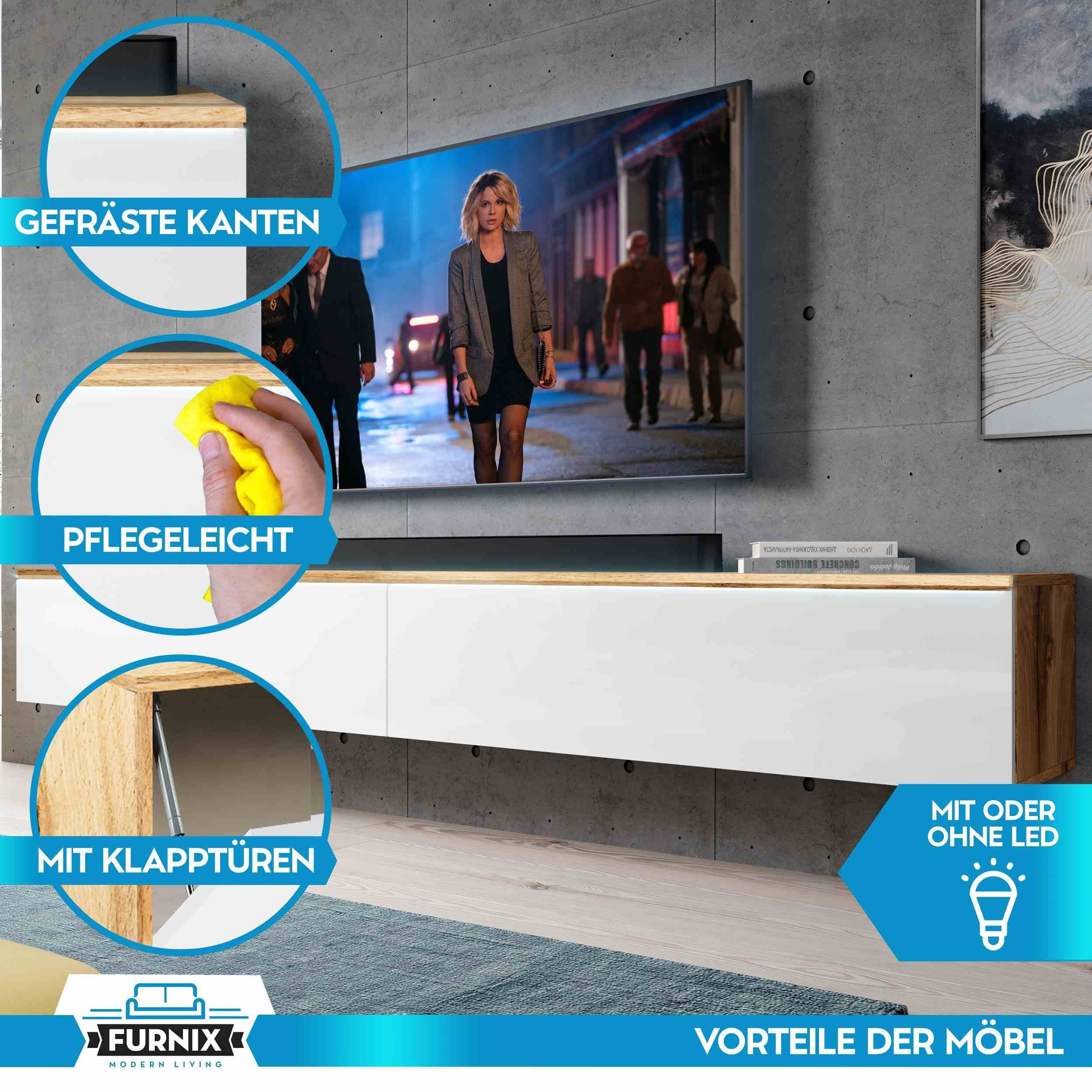 BARGO Wotan/WeißHochglanz x Lowboard x cm, Fernsehschrank, H34 2x100cm T32 B200 Furnix TV-Board