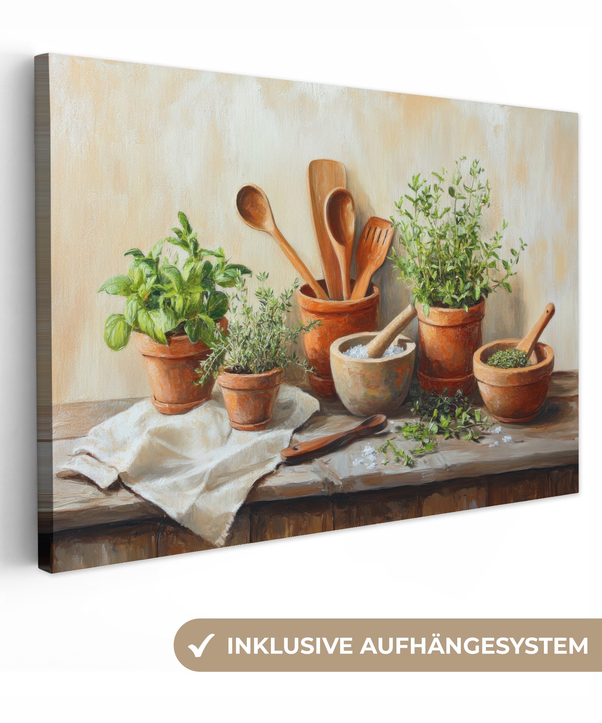 OneMillionCanvasses® Leinwandbild Töpfe - Kräuter - Holz, Fotodruck (1 St), günstig online kaufen
