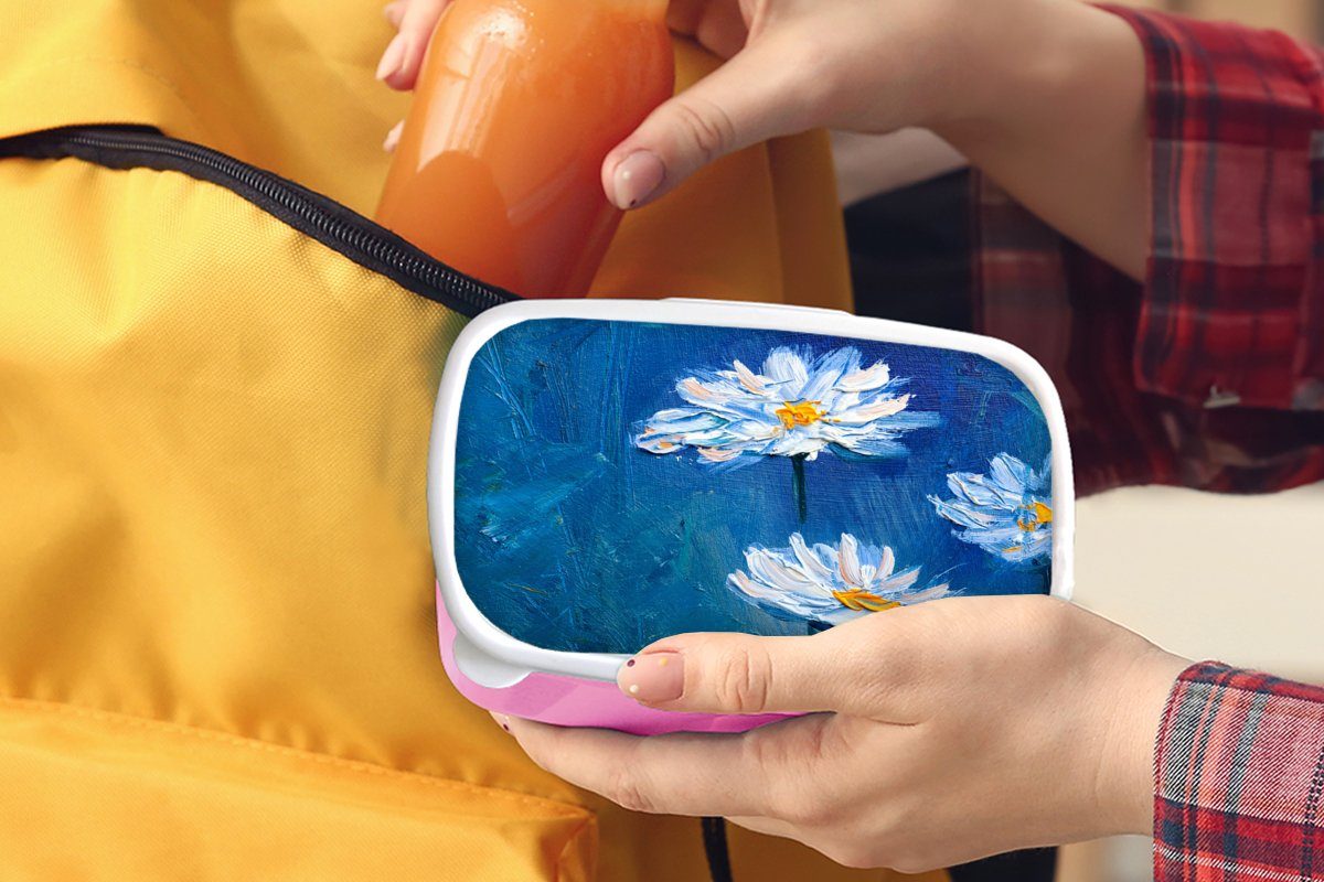 (2-tlg), Brotdose Blumen Lunchbox Gemälde Erwachsene, Ölfarbe Snackbox, rosa - - für Blau, Mädchen, Brotbox Kunststoff, - Kunststoff Kinder, MuchoWow