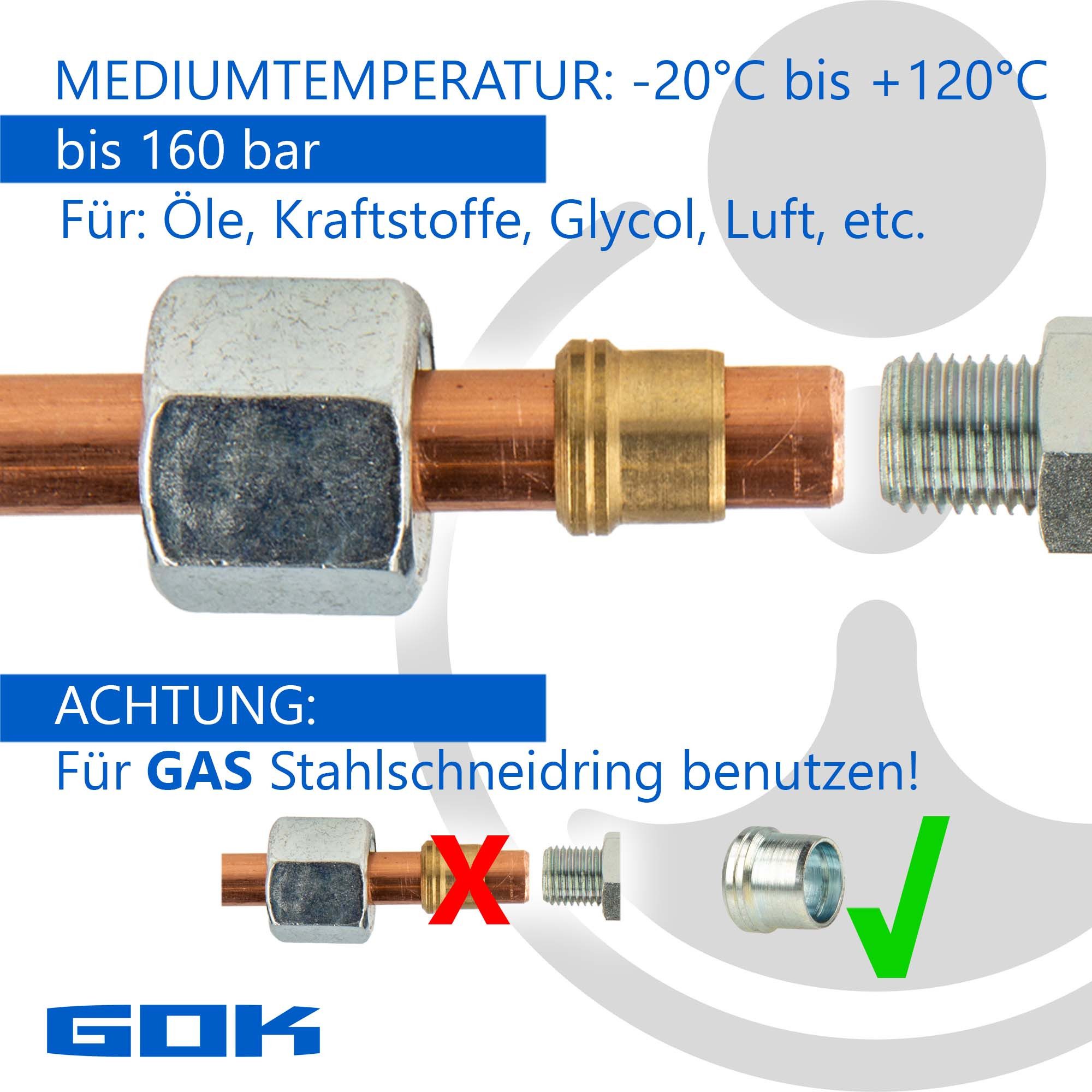 GOK Wasserrohr Schneidringverschraubung Typ GAI - Gerade Verschraubung mit Innengew., 1/4 Zoll IG x Ø 10 mm Schneidring Messing