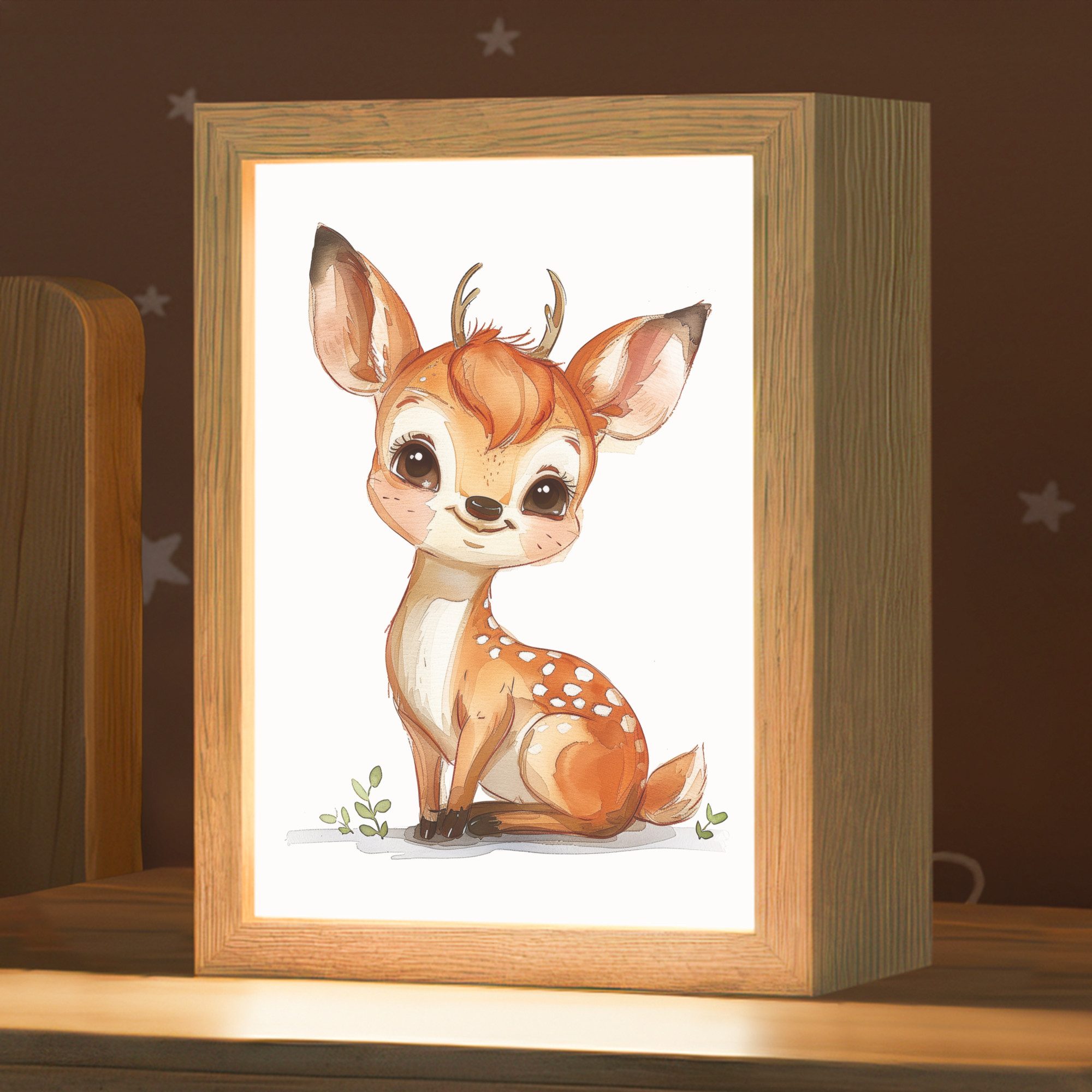 OnlyWow Nachttischlampe Lightbox Hirsche - Baby - Tiere - Mädchen, Dimmbar, Farbwechsel, LED, Warmweiß, Kaltweiß, Neutralweiß Einstellbar, Kinderzimmer, Babyzimmer, Dimmbar, mit Kabel, Nachtlampe, LED