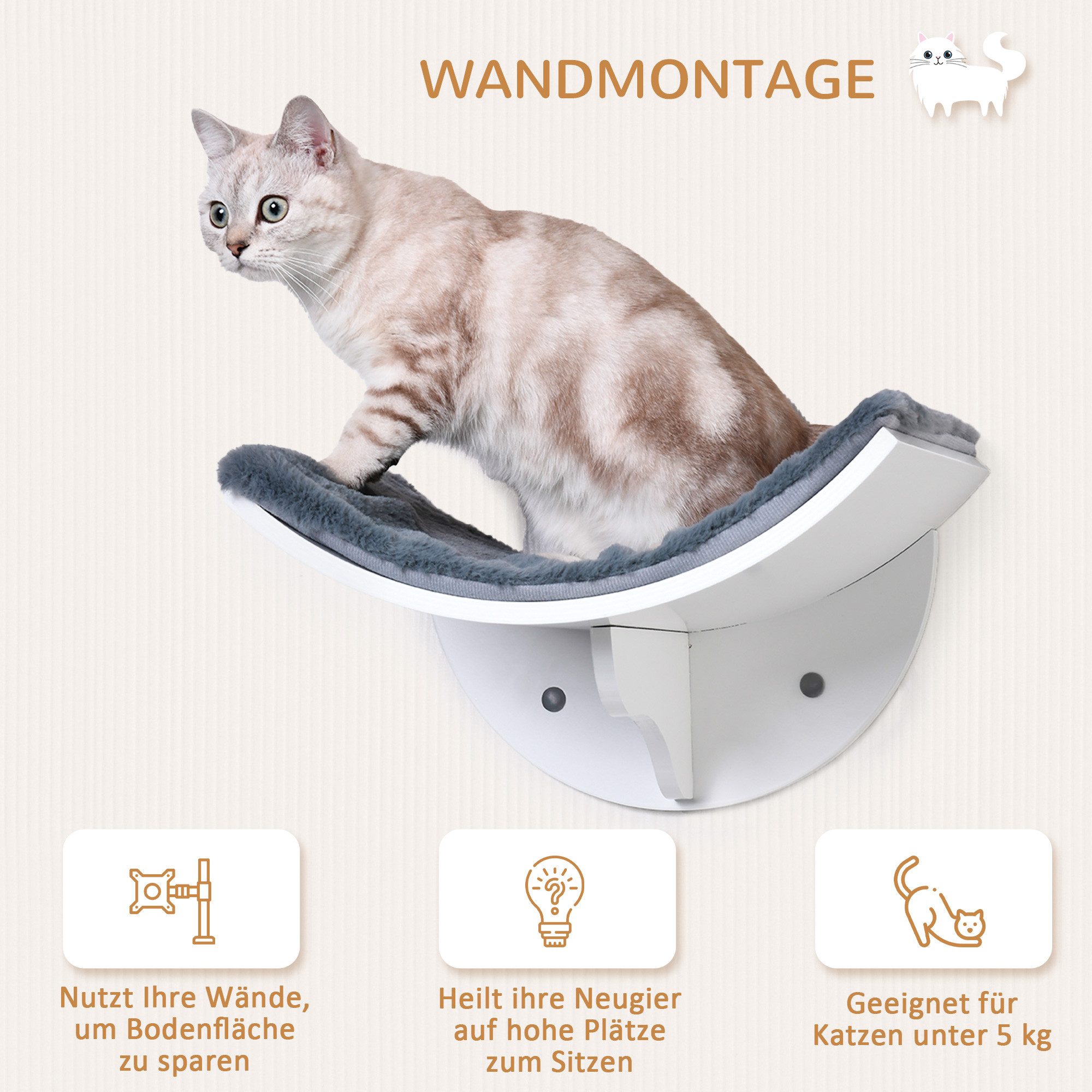 PawHut Kratzbaum Katzenliege Katzen Wandliege Wandmontage Plüschauflage MDF Weiß+Grau, Grau 41 x 28 x 21 cm