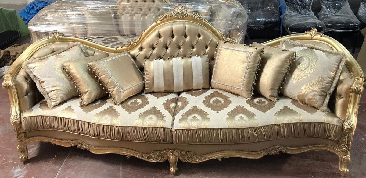 Casa Padrino Sofa Luxus Barock Sofa Gold 300 x 90 x H. 119 cm - Prunkvolles Wohnzimmer Sofa mit elegantem Muster - Barock Möbel