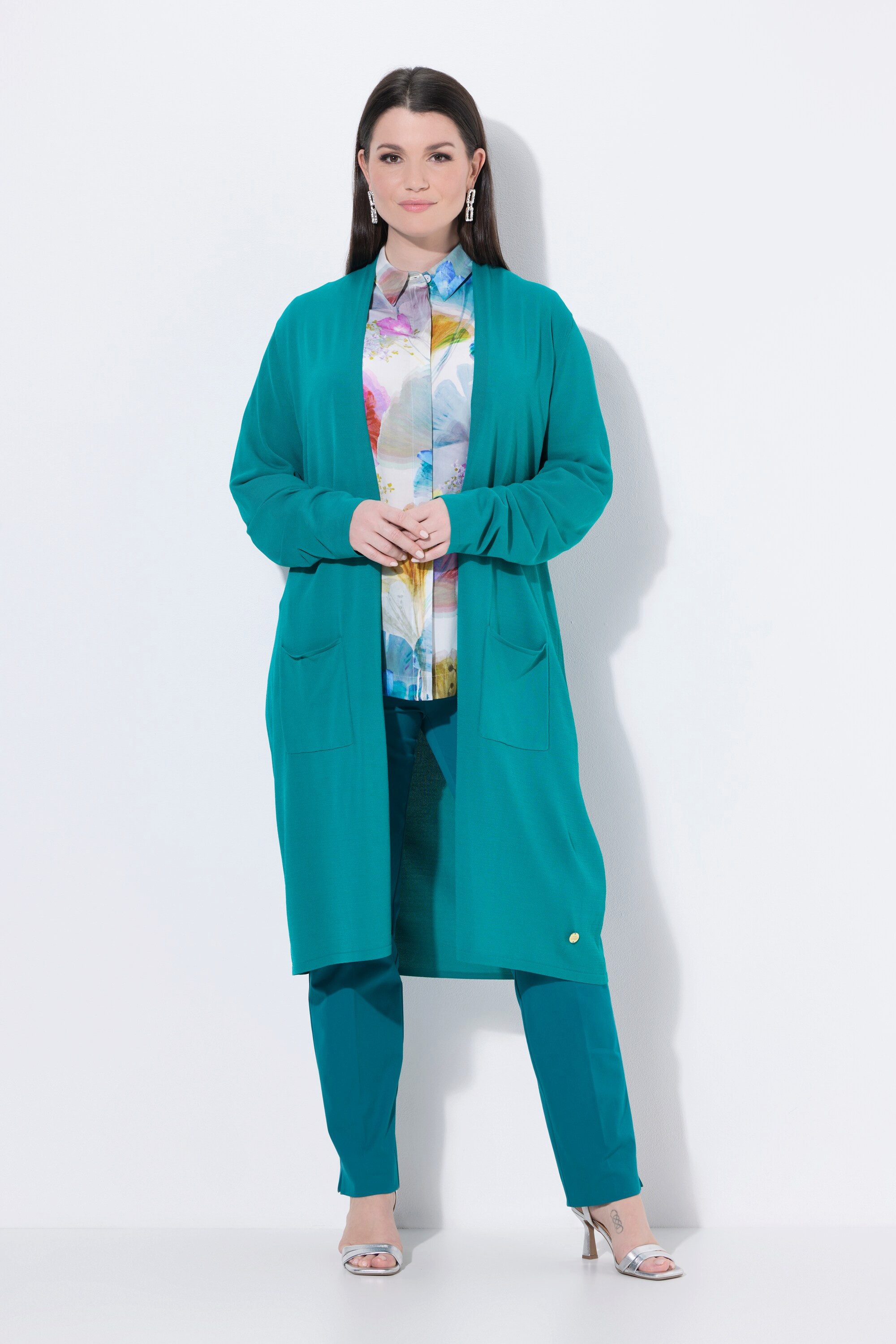 Ulla Popken Langjacke Long-Strickjacke Stehkragen offene Form Langarm