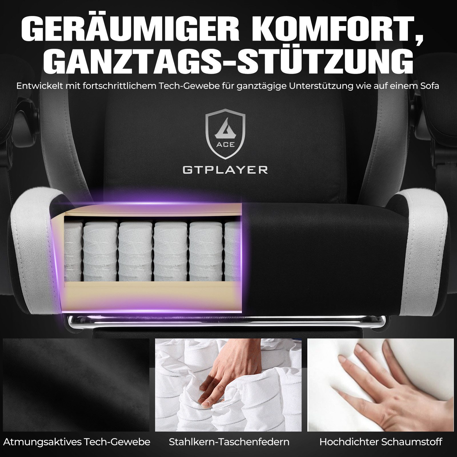 GTPLAYER Gaming-Stuhl Ergonomischer Gaming Sessel Schreibtischstuhl aus Stoff/Kunstleder (Packung), Federsitzkissen mit Fußstütze – Bild 4 von 5