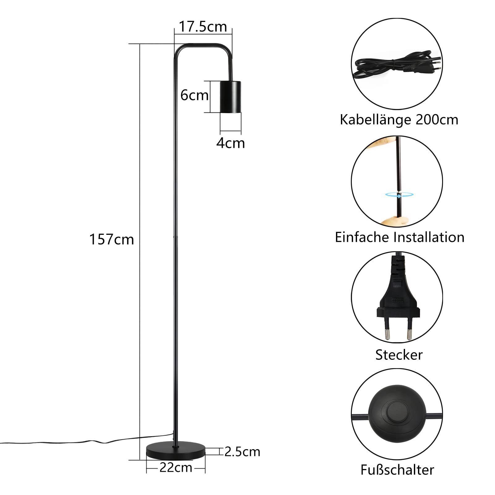 ohne mit Retro ZMH Industrial Fußschalter Leuchtmittel E27, Stehlampe Schwarz Lampe Vintage