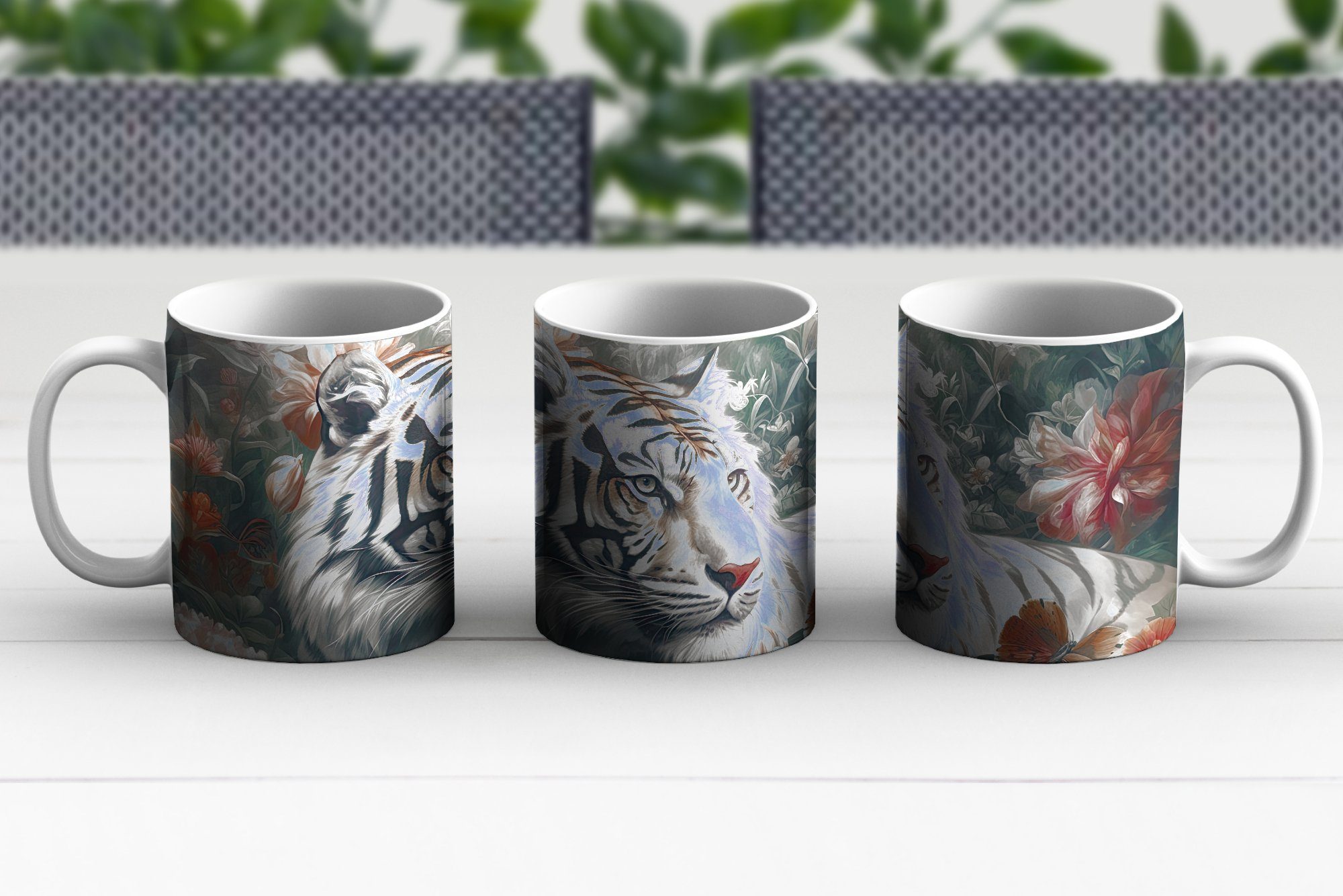 MuchoWow Becher, Geschenk Tasse Teetasse, Kaffeetassen, Keramik, - Wildtiere Teetasse, Blumen - Dschungel, Tiger -