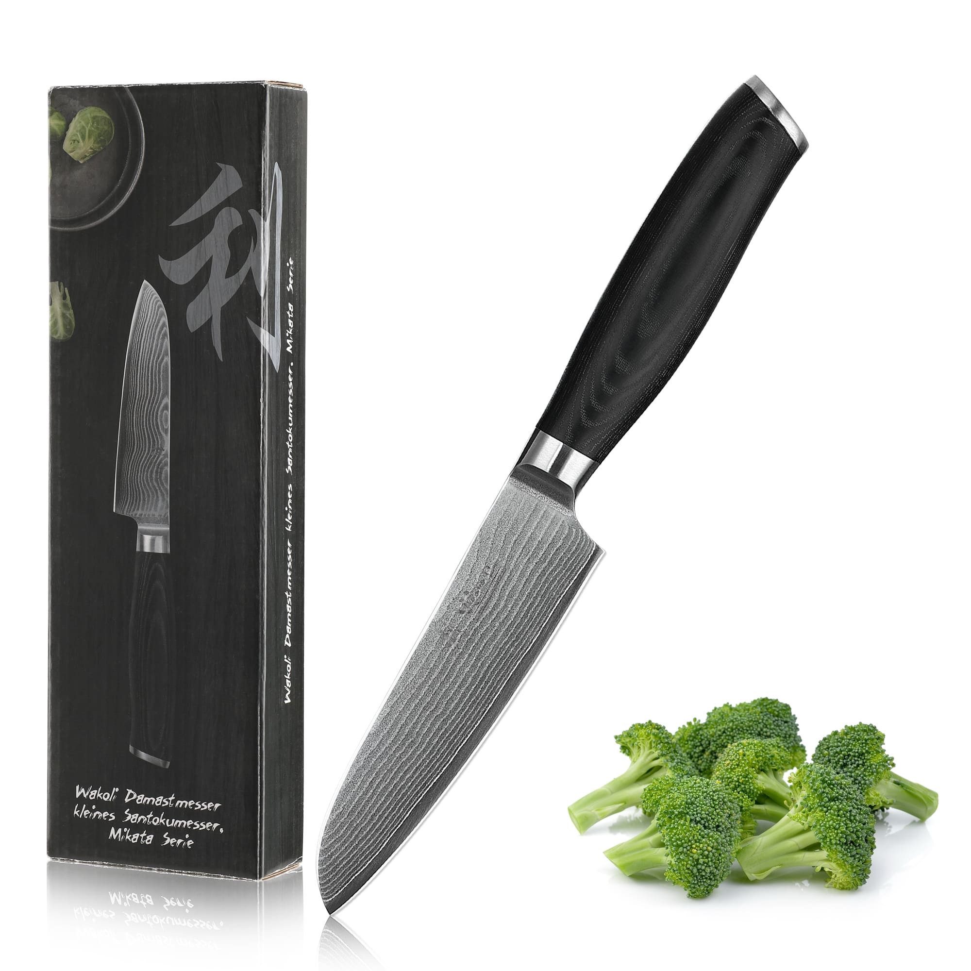 Wakoli Santokumesser Mikata Damast Kleines Santoku Küchenmesser 12cm Klinge Micartagriff, aus 67 Lagen Damaststahl, VG10 Kern