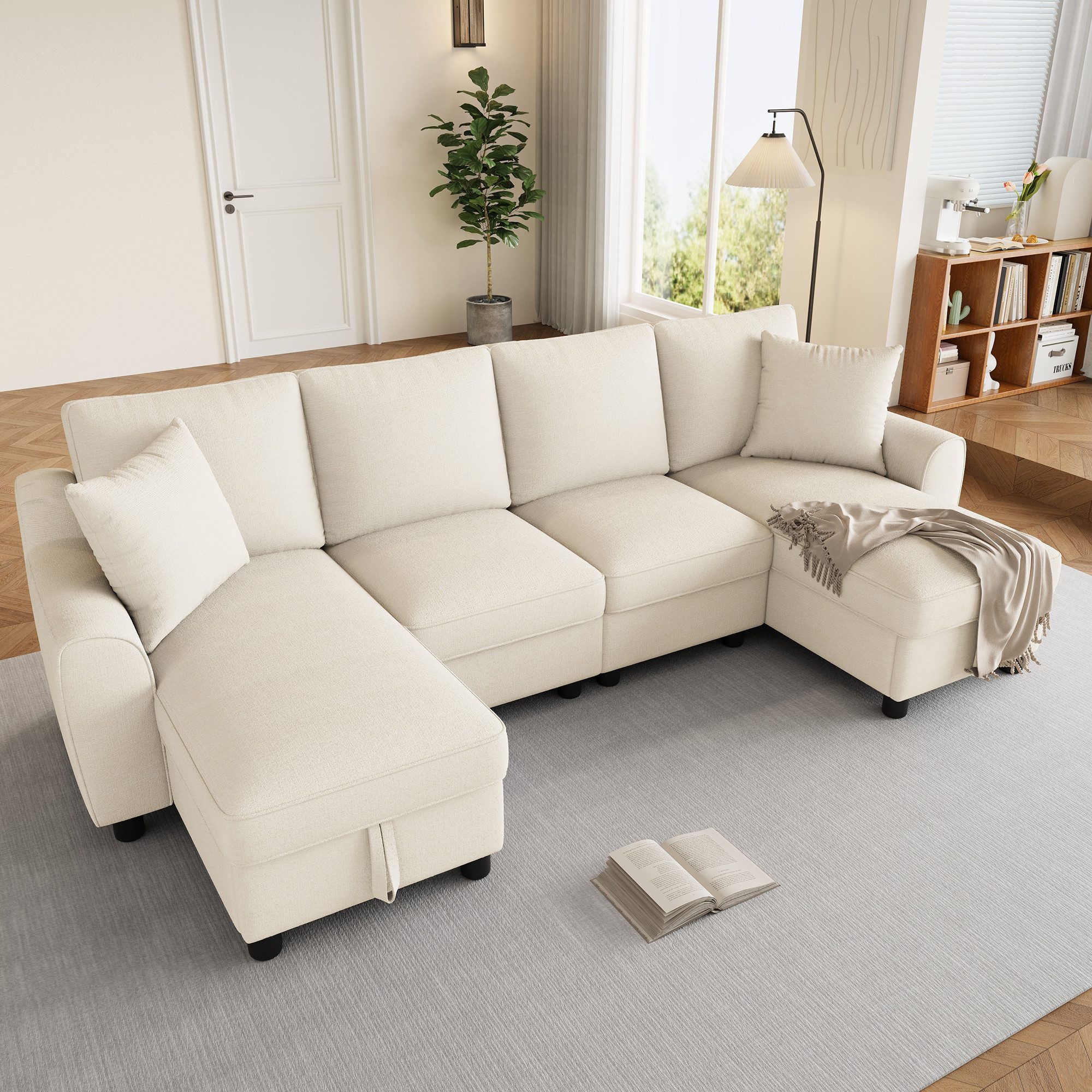 Celya Ecksofa Schlafsofa U-Form mit zwei Chaiselongues, mit zwei Kissen, mit aufklappbarem Stauraum, multifunktionales modulares Sofa