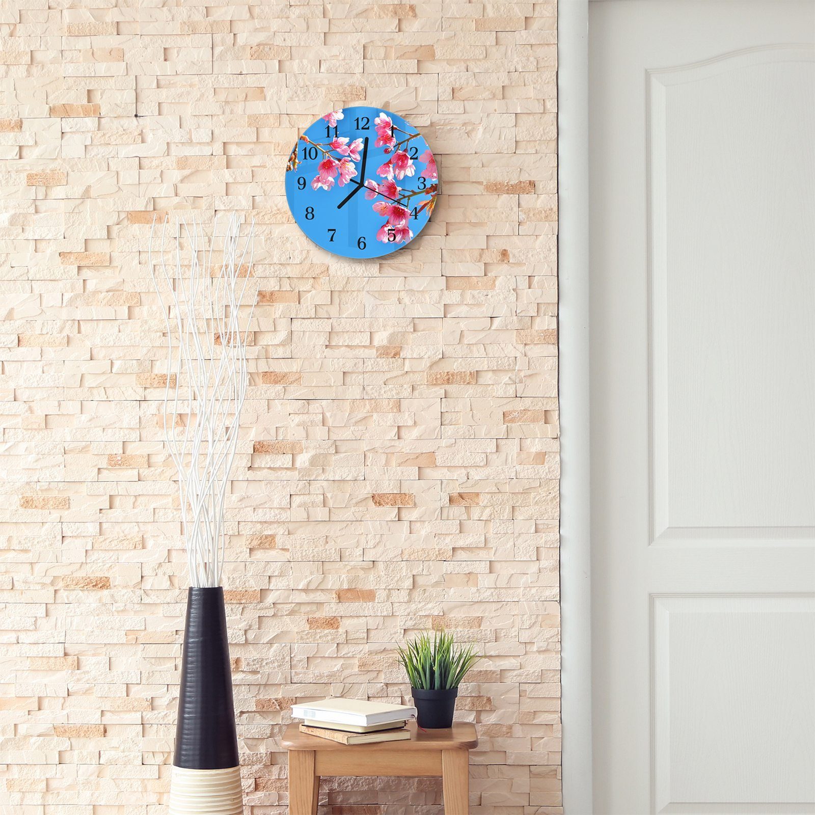 Rund Wanduhr Wanduhr - aus Kirschblüten Primedeco cm Glas und Durchmesser mit Motiv mit Frühling im 30 Quarzuhrwerk