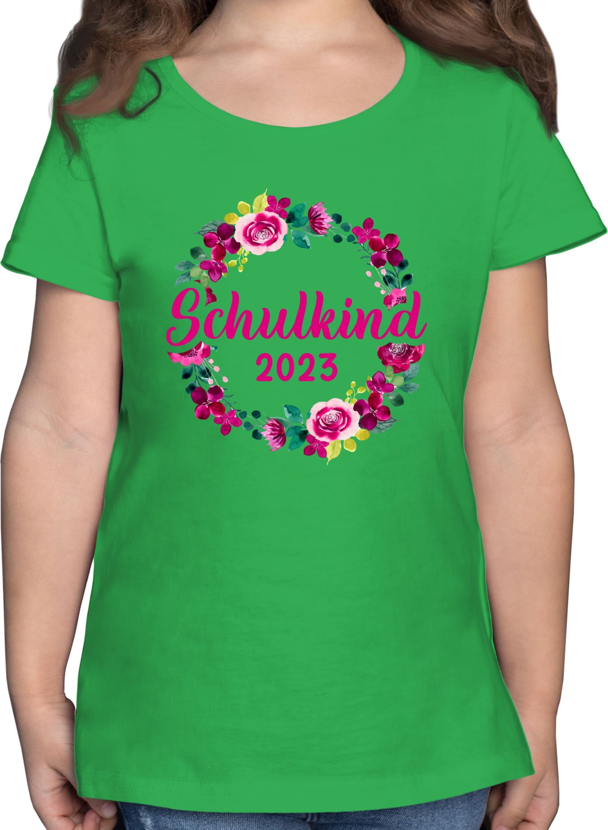 Shirtracer T-Shirt Schulkind Grün Blumenkranz 2023 Mädchen Einschulung 1